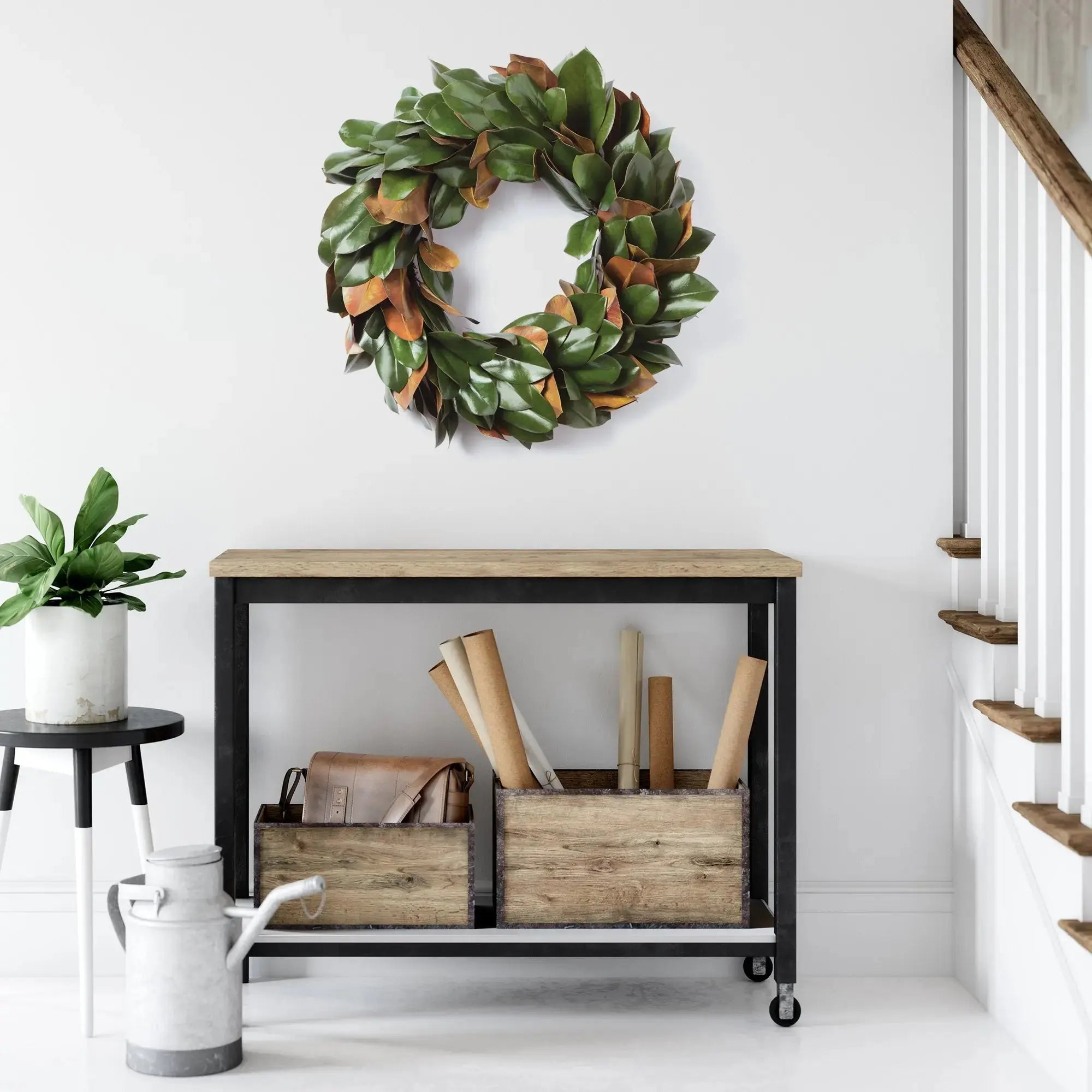 Sophisticated Decorative Wreaths styled on a dark interior door for a luxury look.