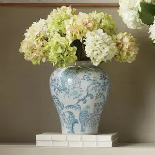Luxury Ginger Jars in blue and white porcelain styled on a modern console.