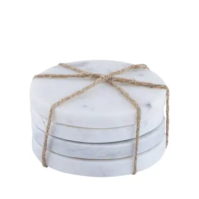 Marble Coasters Set of 4 - round natural stone coasters with unique veining for elegant table protection and home entertaining