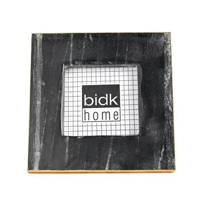 Black marble picture frame with brass trim holding 3.5x3.5 photo - luxury desk frame with easel stand for modern home décor