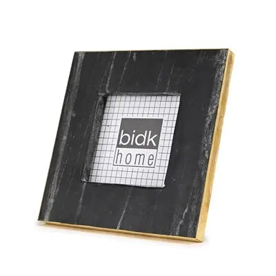 Black marble picture frame with brass trim holding 3.5x3.5 photo - luxury desk frame with easel stand for modern home décor
