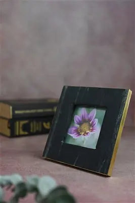 Black marble picture frame with brass trim holding 3.5x3.5 photo - luxury desk frame with easel stand for modern home décor