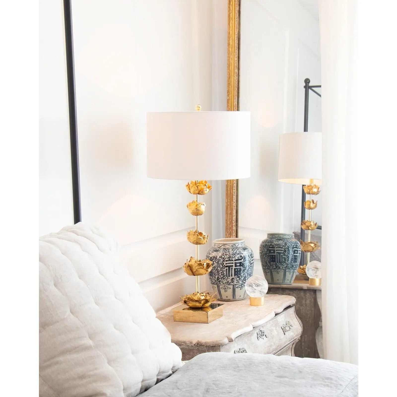Adeline Table Lamp - gold leaf floral sculpture table lamp with graduating metal flowers and traditional shade, 3-way lighting by Regina Andrew