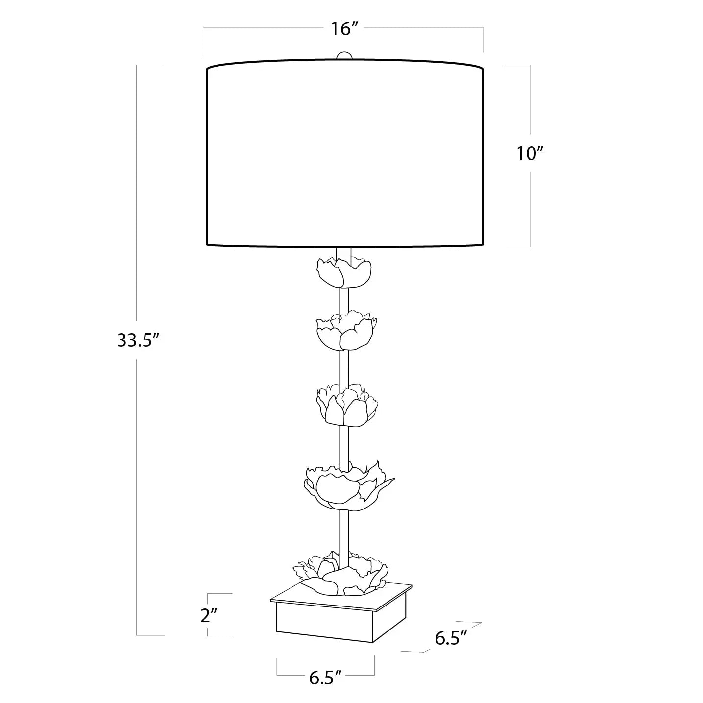 Line drawing of a lamp with dimensions labeled - Adeline Table Lamp - gold leaf floral sculpture table lamp with graduating metal flowers and traditional shade, 3-way lighting by Regina Andrew