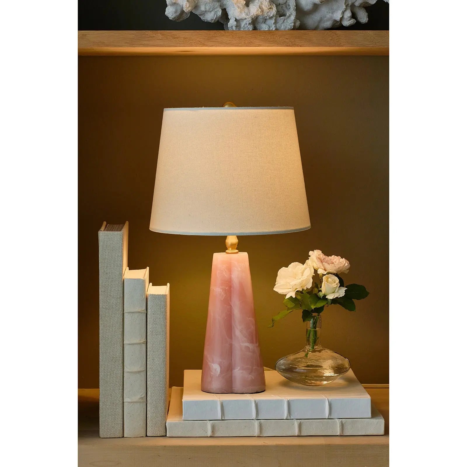 Joelle Mini Lamp - rose resin accent table lamp with sculptural base and linen shade for modern glam interior lighting