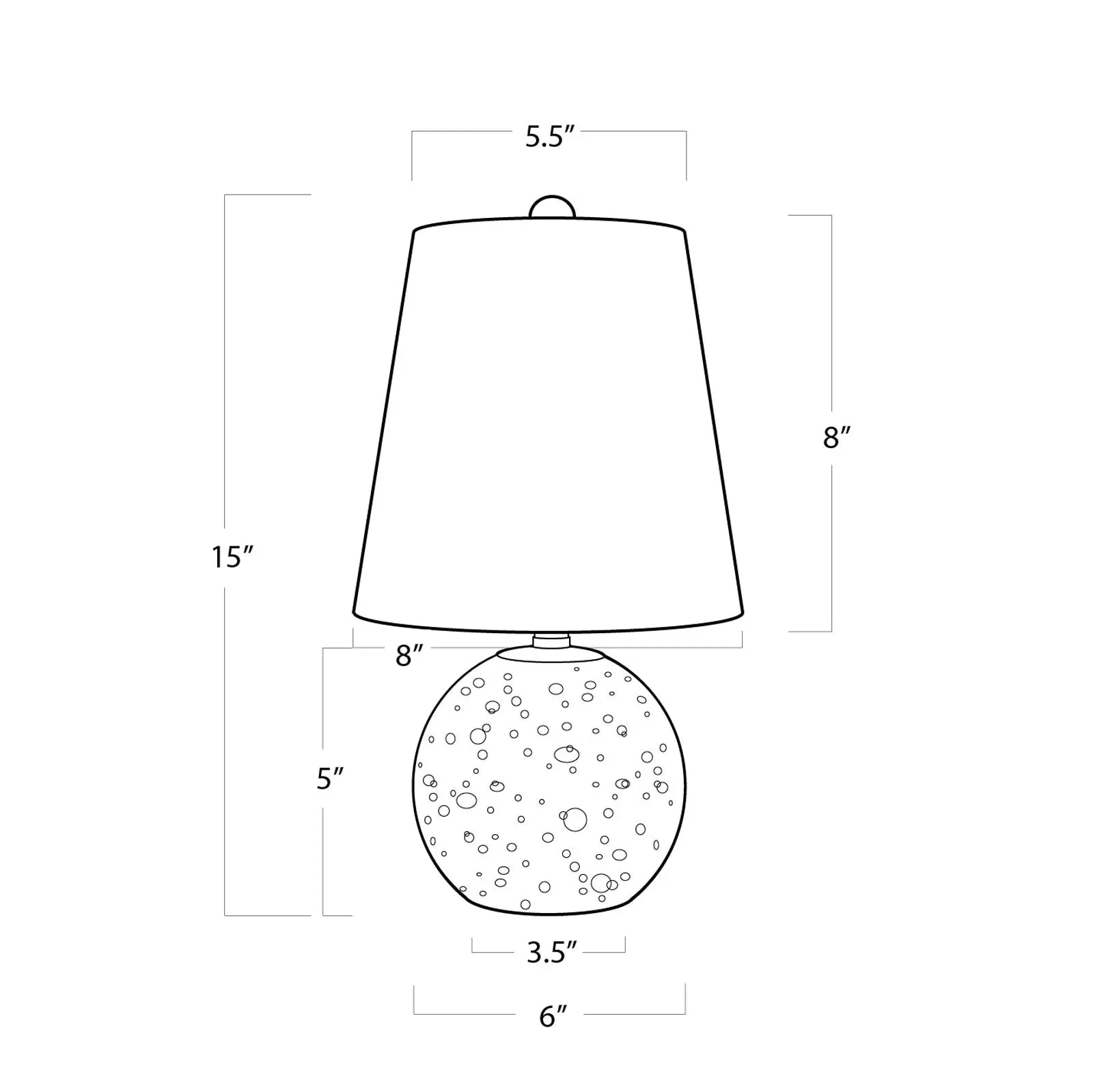 Measurement chart of a lamp with dimensions labeled - Bulle Crystal Mini Lamp (15" H) with a round clear crystal base containing internal bubbles, gilded neck, and a natural tapered linen shade.