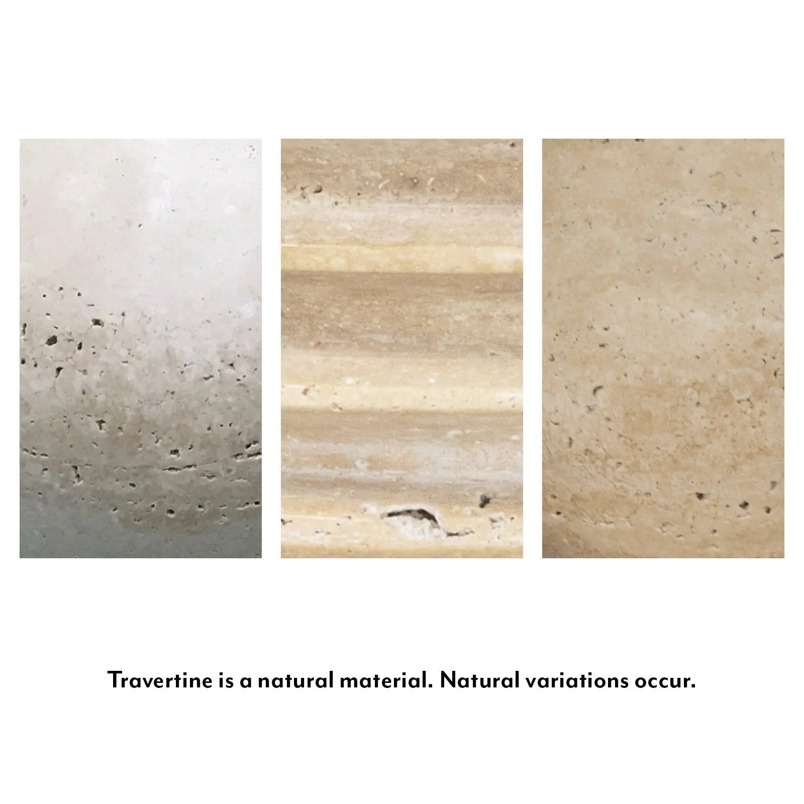 Three samples of travertine stone with natural variations on a white background.