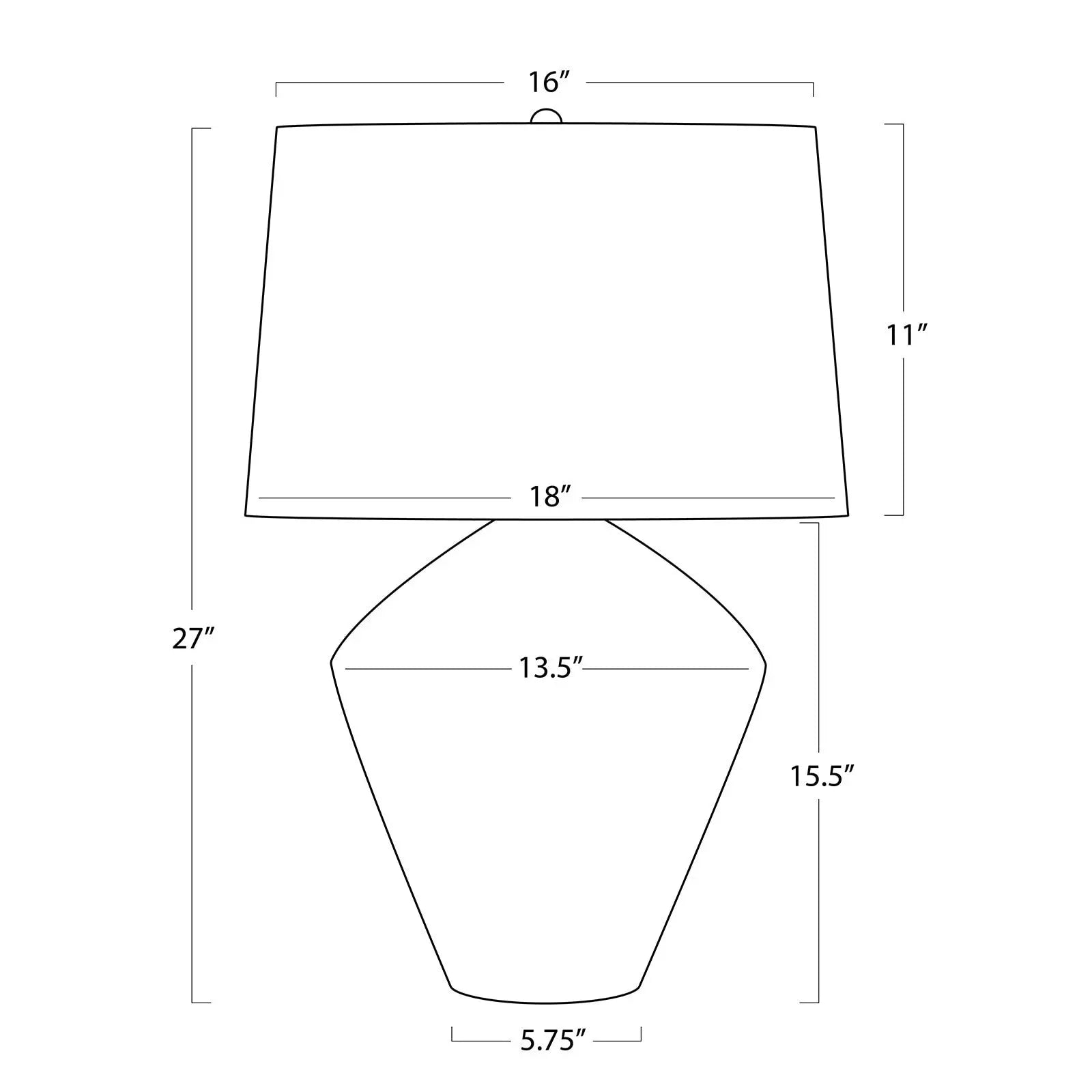 Line drawing of a lamp with dimensions labeled