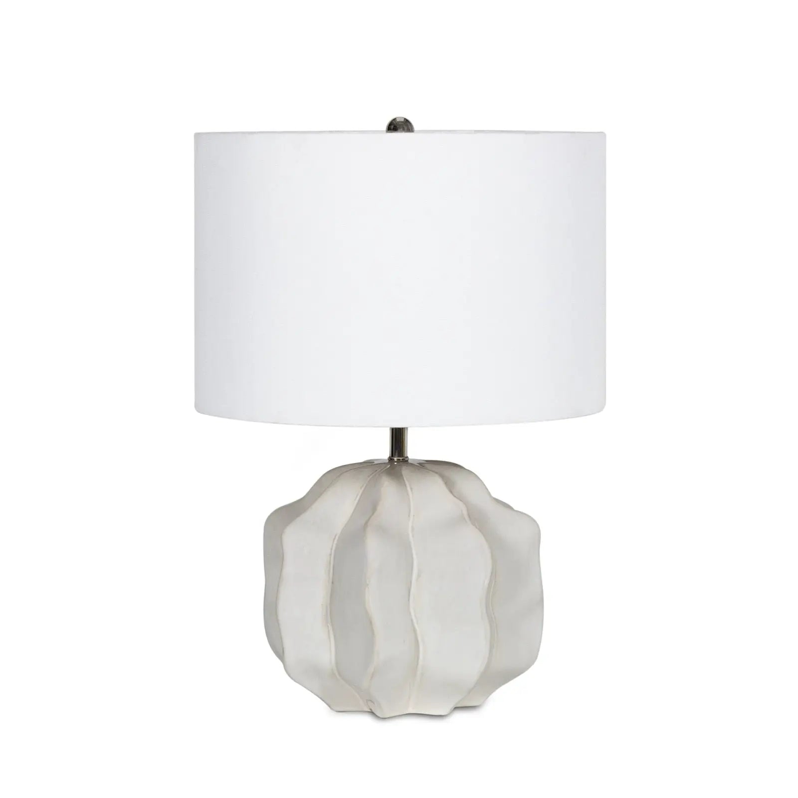 Destin Ceramic Mini Lamp (20.25" H) with an ivory ceramic base featuring a geometric wave pattern and a light natural linen shade.