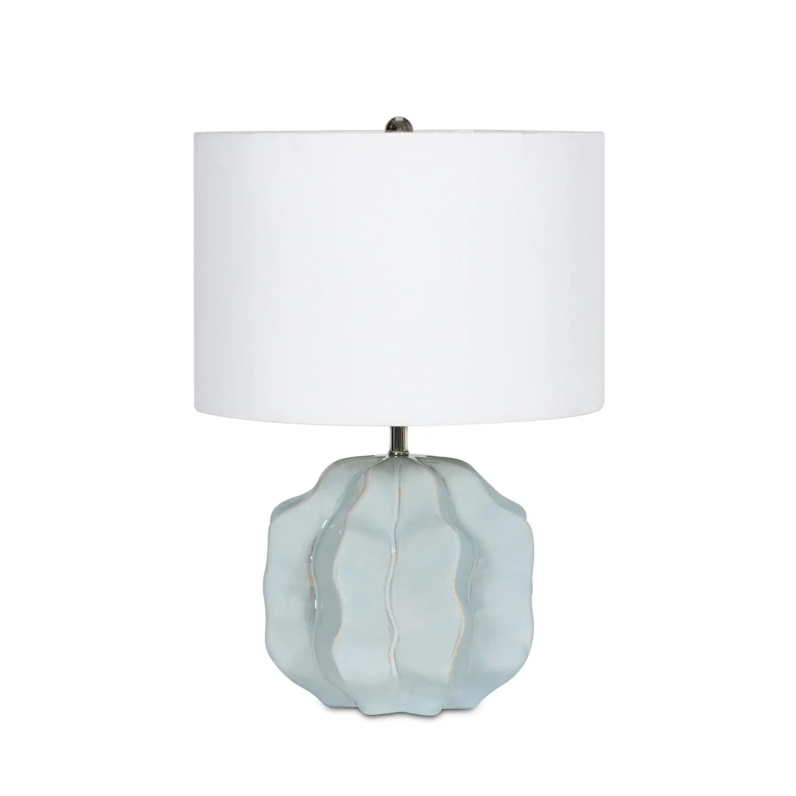 Destin Ceramic Mini Lamp (20.25" H) with a spa blue ceramic base featuring a geometric wave pattern and a light natural linen shade.
