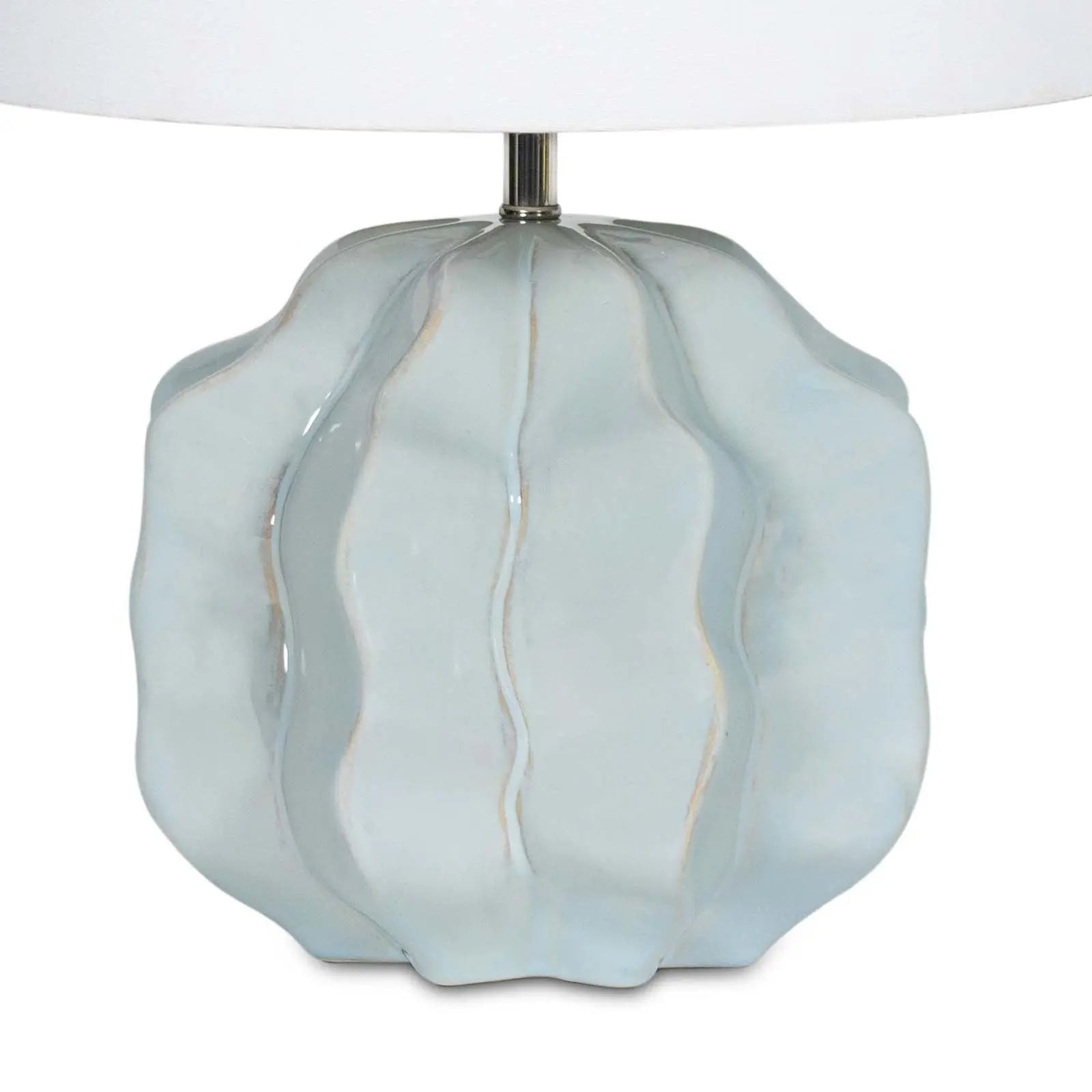 Destin Ceramic Mini Lamp (20.25" H) with a spa blue ceramic base featuring a geometric wave pattern and a light natural linen shade.