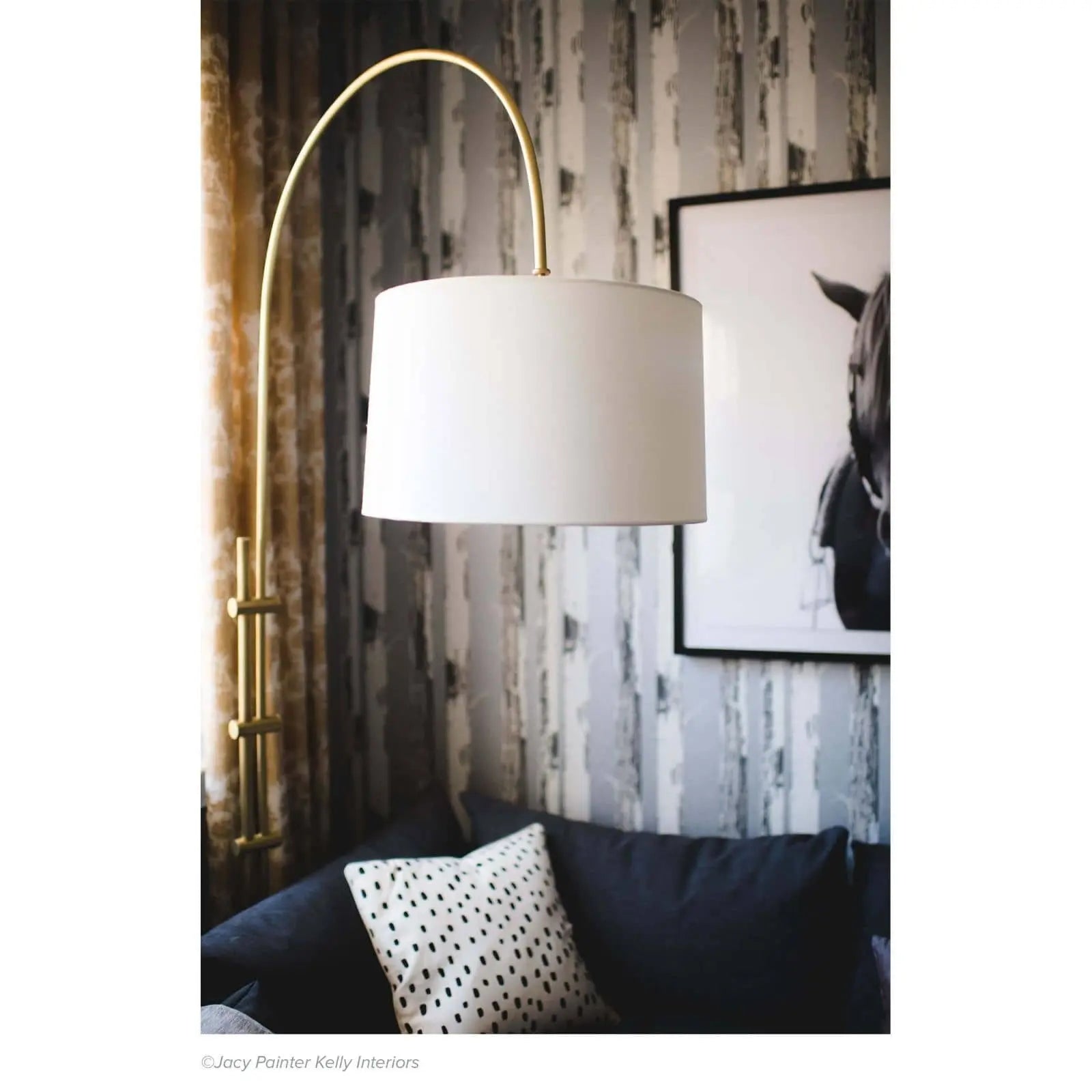 Arc Floor Lamp with fabric shade in Natural Brass finish – modern adjustable design