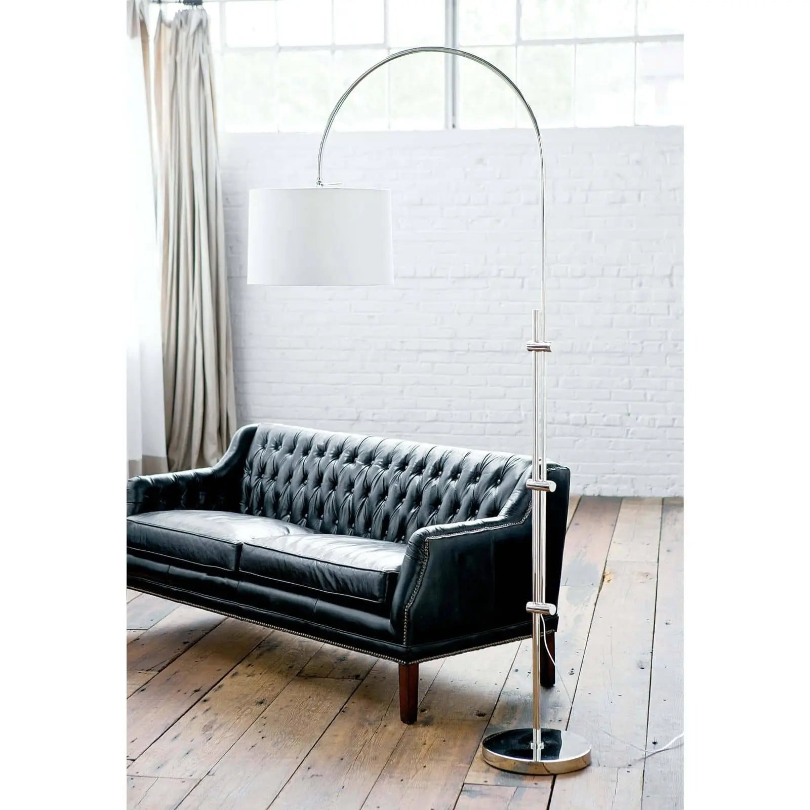 Arc Floor Lamp with fabric shade in Polished Nickel finish – contemporary home décor accent
