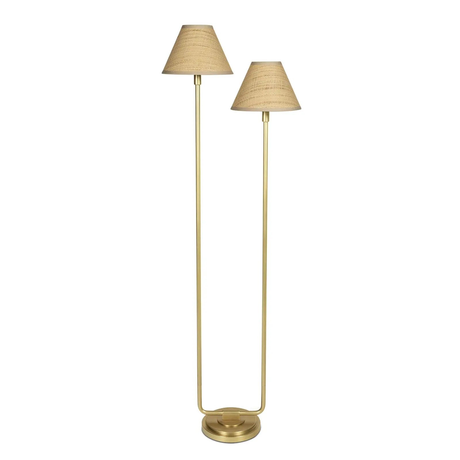 Pair of gold floor lamps with beige lampshades on a white background