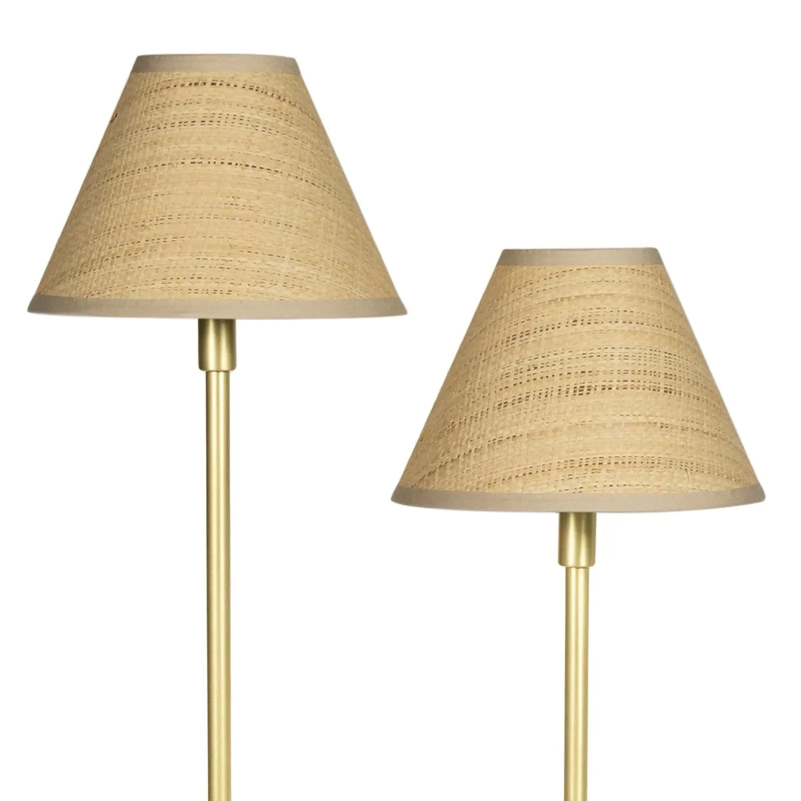 Two floor lamps with beige woven shades and gold metal stands on a white background