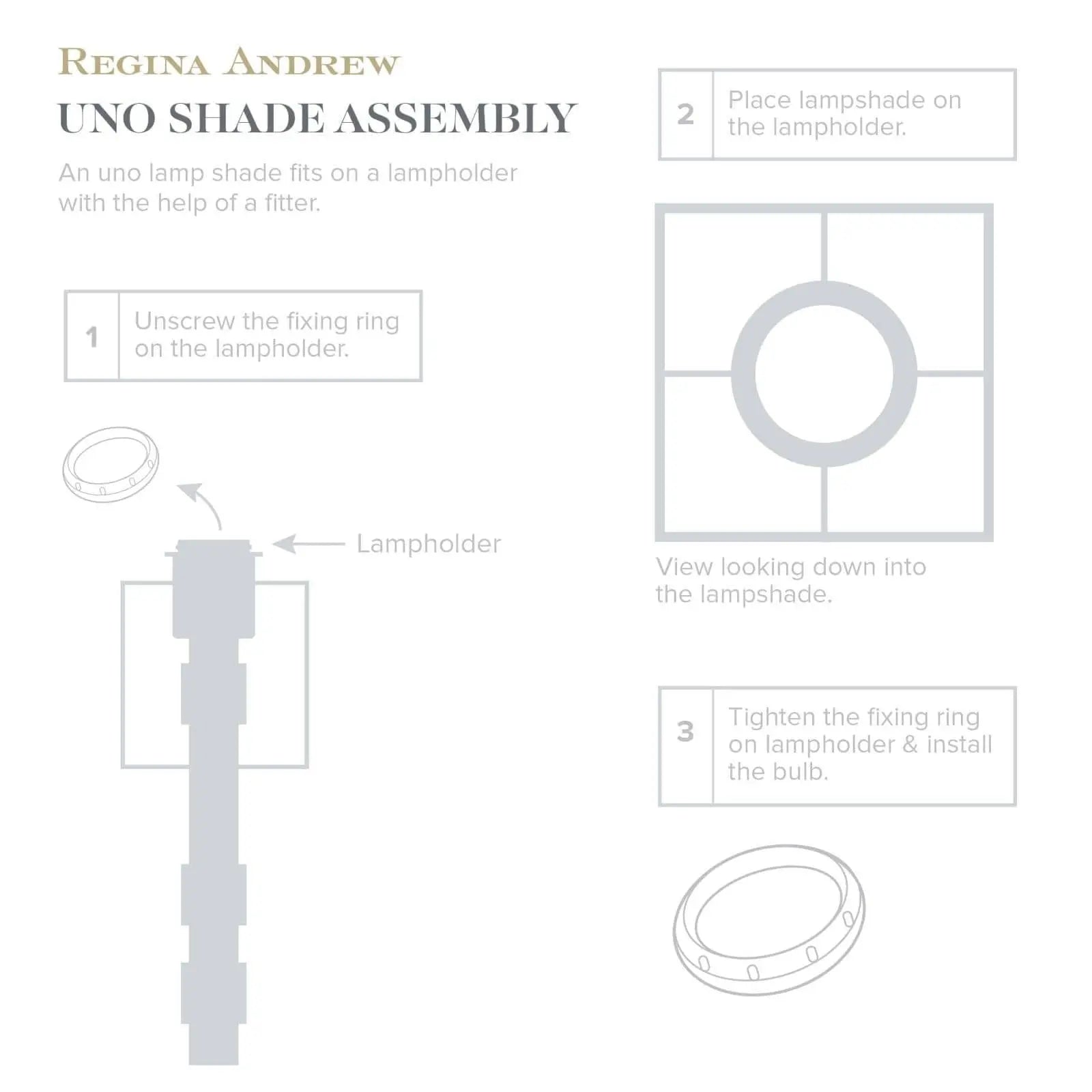 Step-by-step guide for Regina Andrew Uno shade assembly on a white background