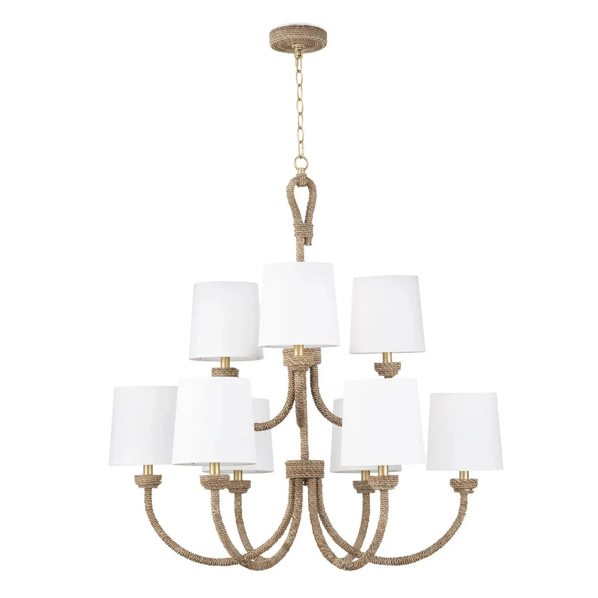 Bimini large 9-light seagrass chandelier with linen shades, full view
