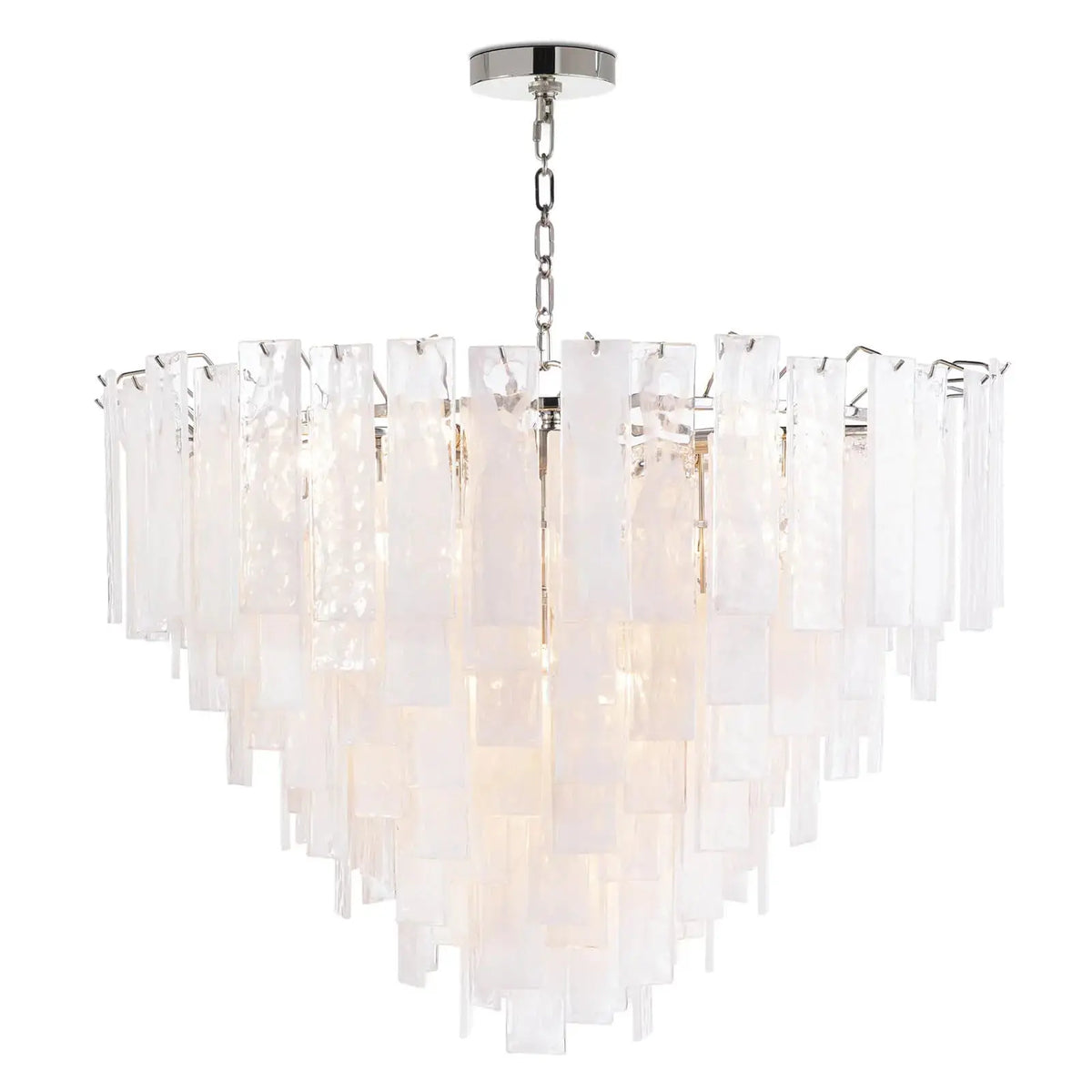 Glacier polished nickel chandelier illuminated, warm glow