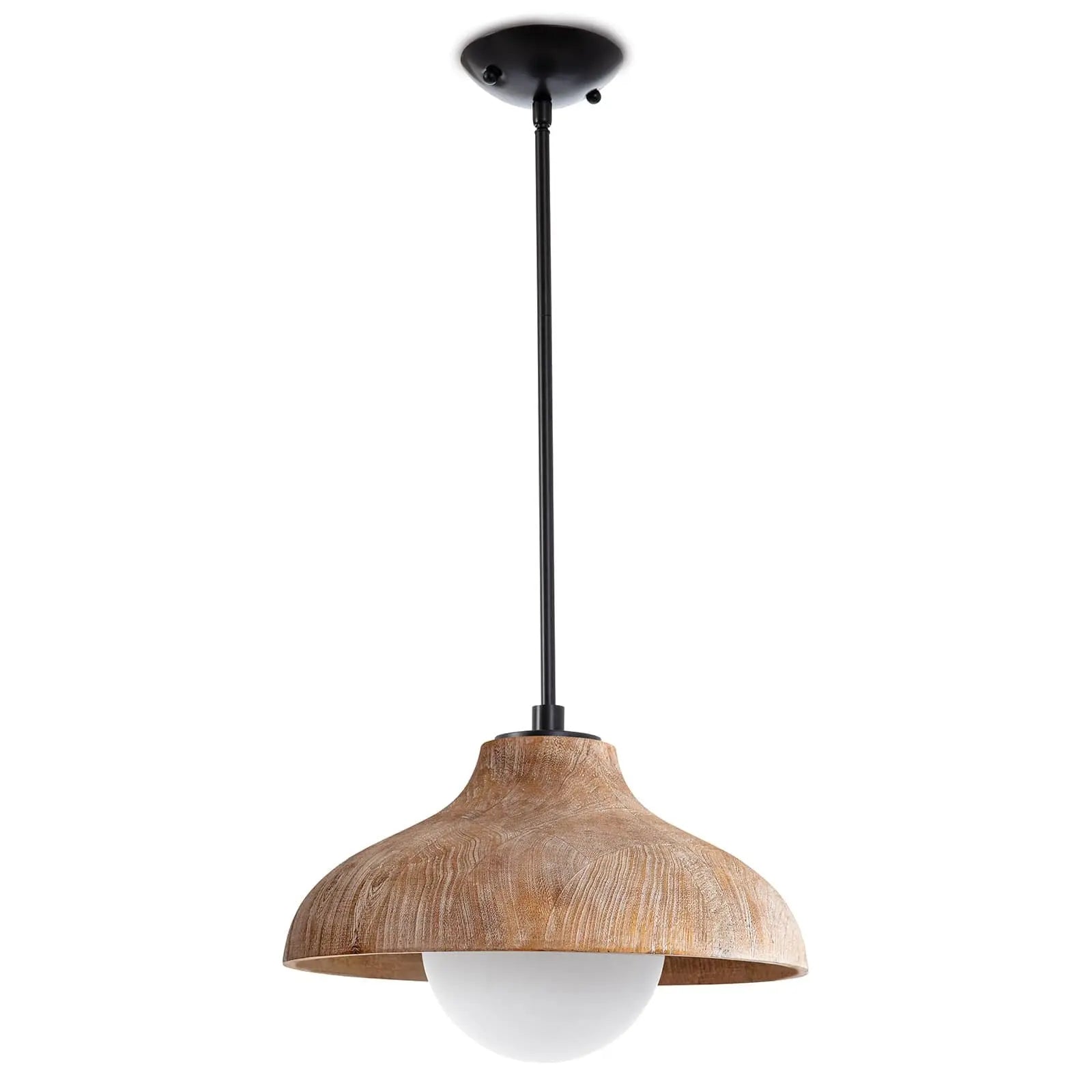 Wooden pendant light with white bulb on a white background
