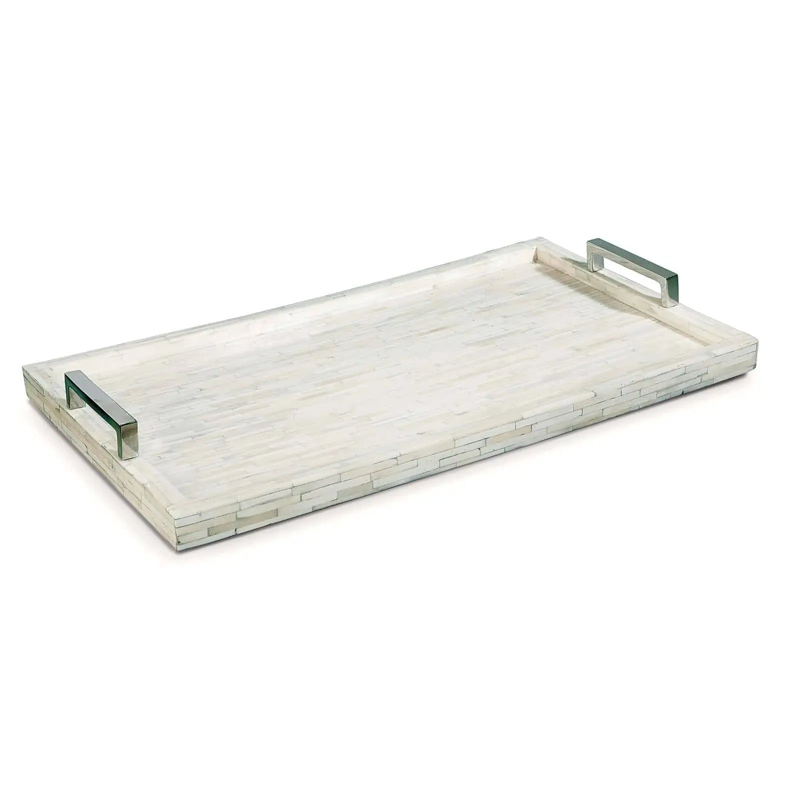 Large rectangular White Bone Inlay Decorative Tray with a mosaic pattern and polished nickel handles.
