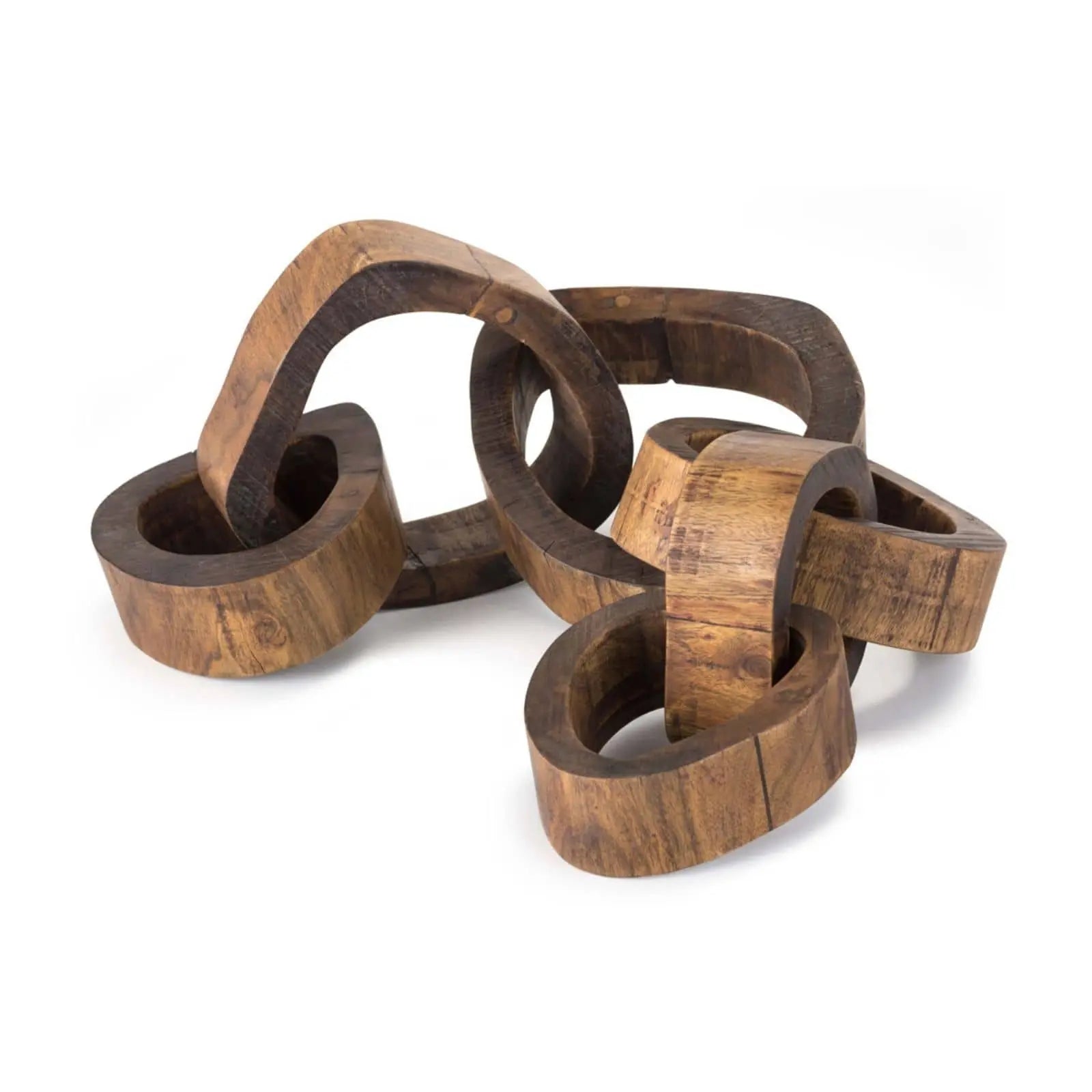 Set of wooden ring sculptures on a white background