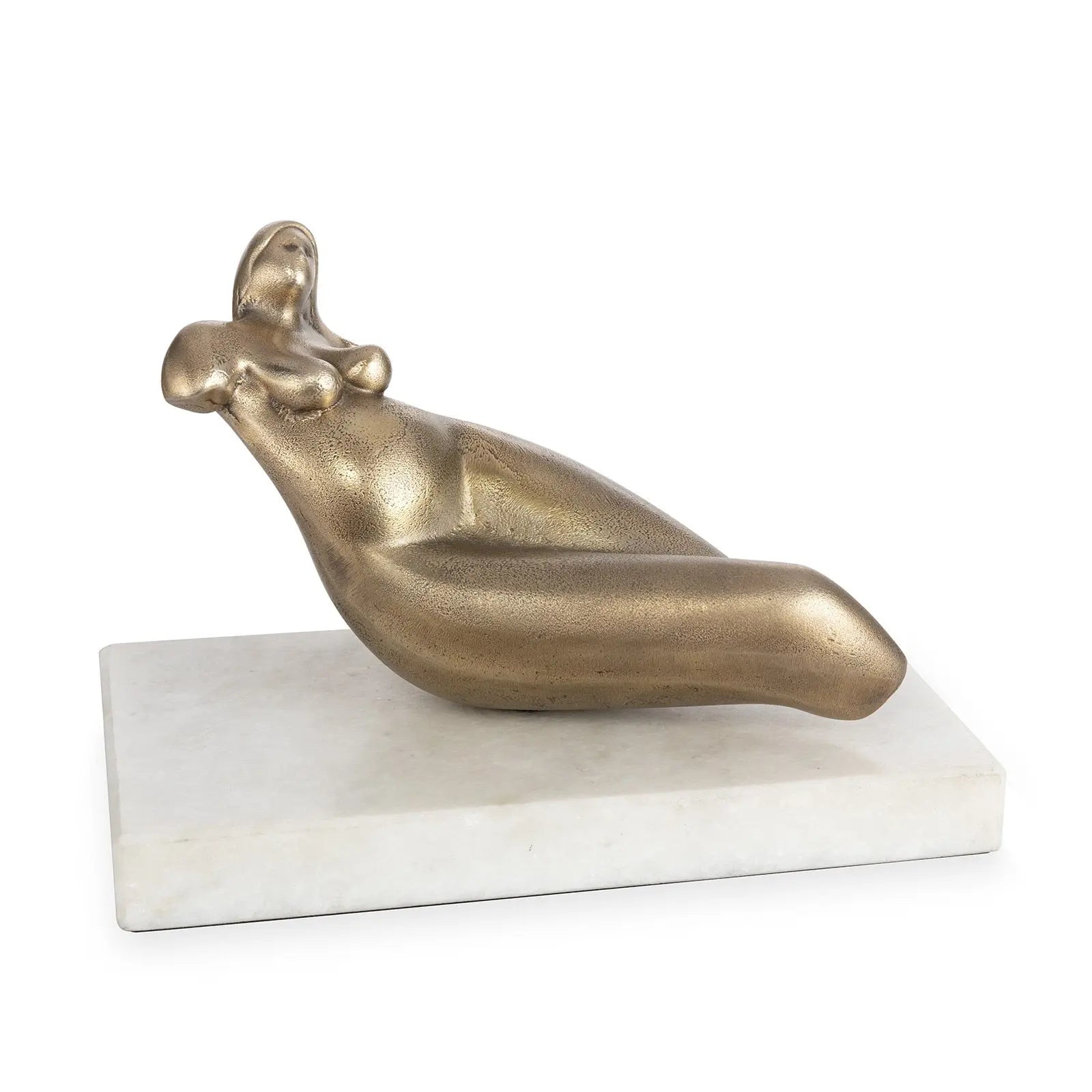 Bronze sculpture of a reclining figure on a white marble base