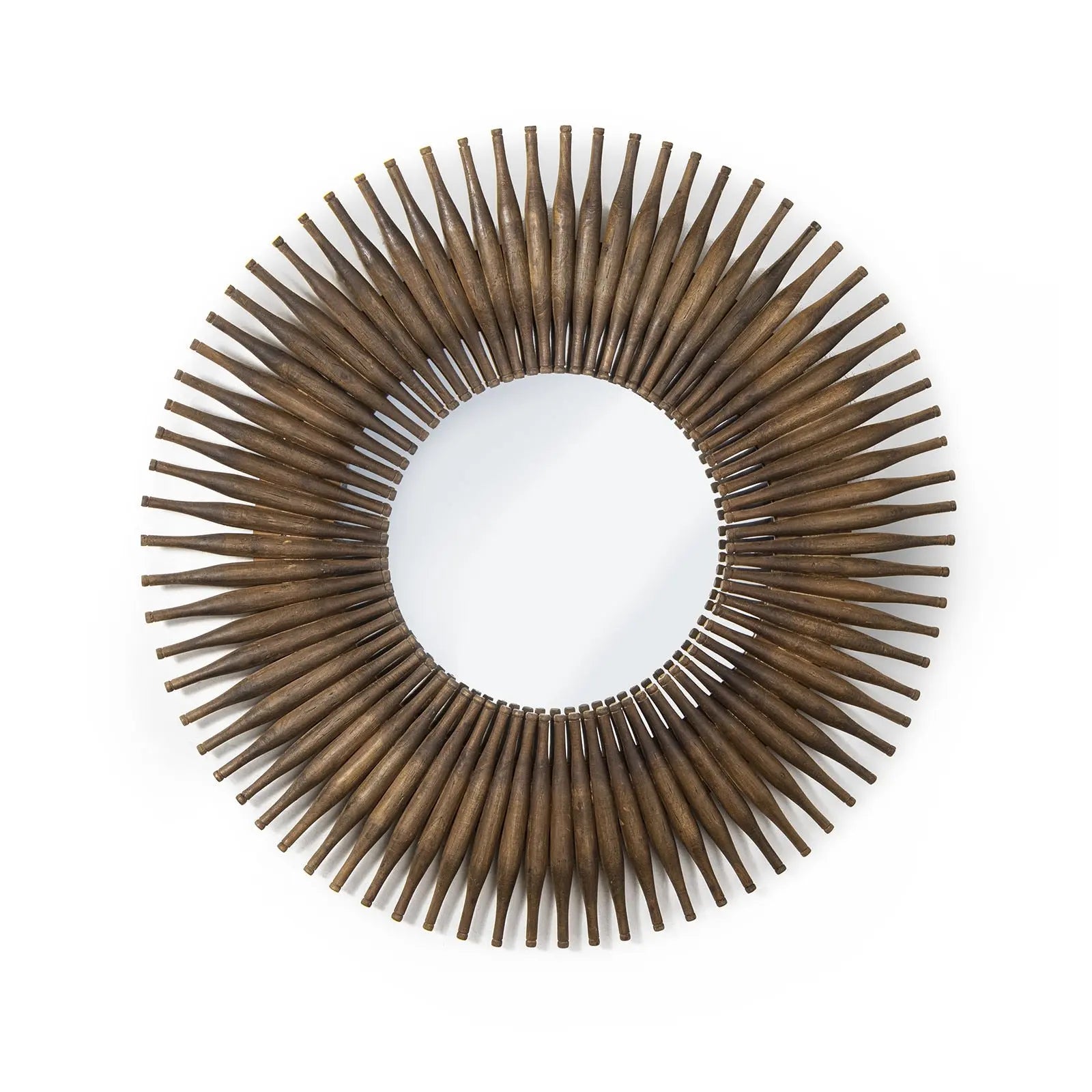 Round mirror with wooden slat frame on a white background