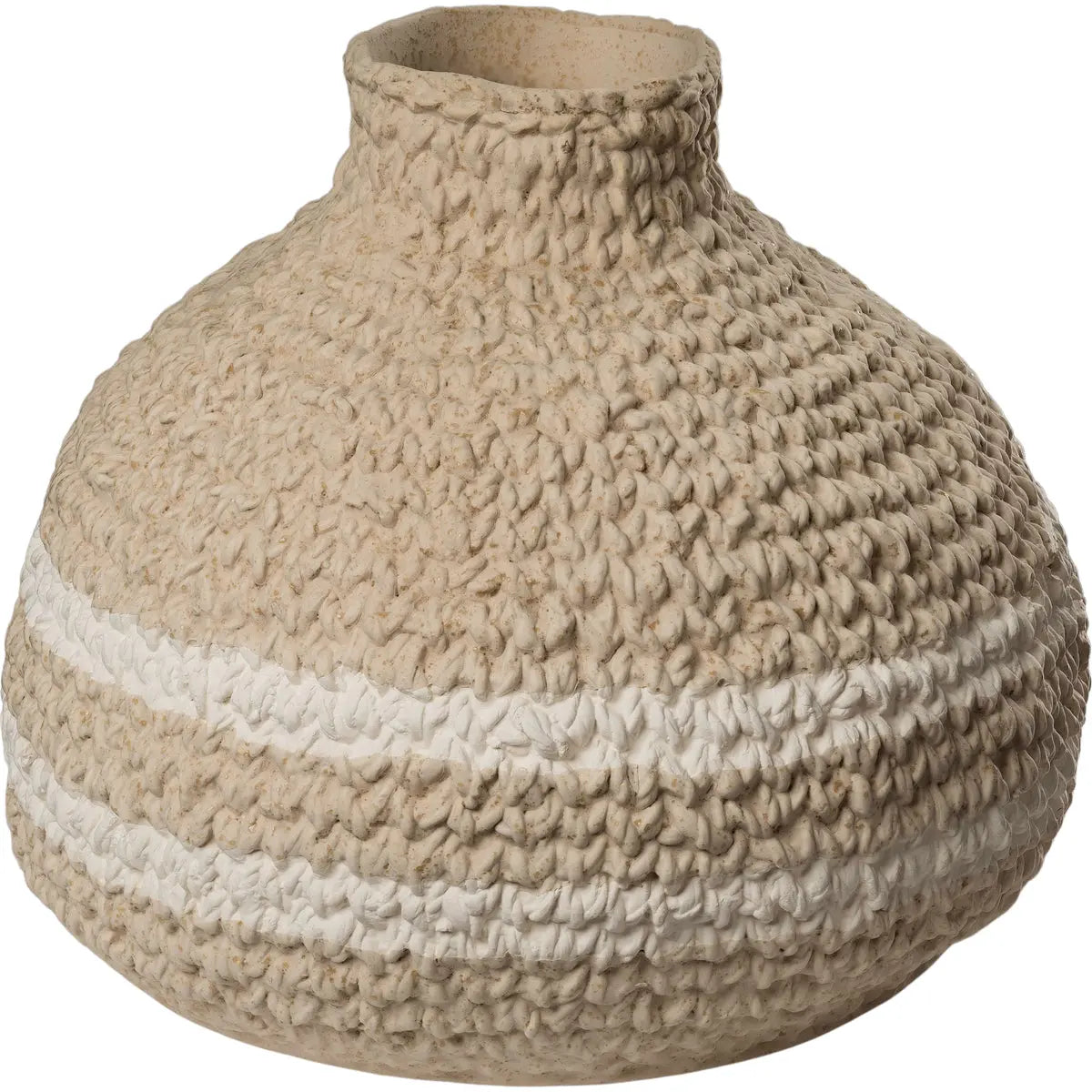 Textured vase with a white stripe on a white background