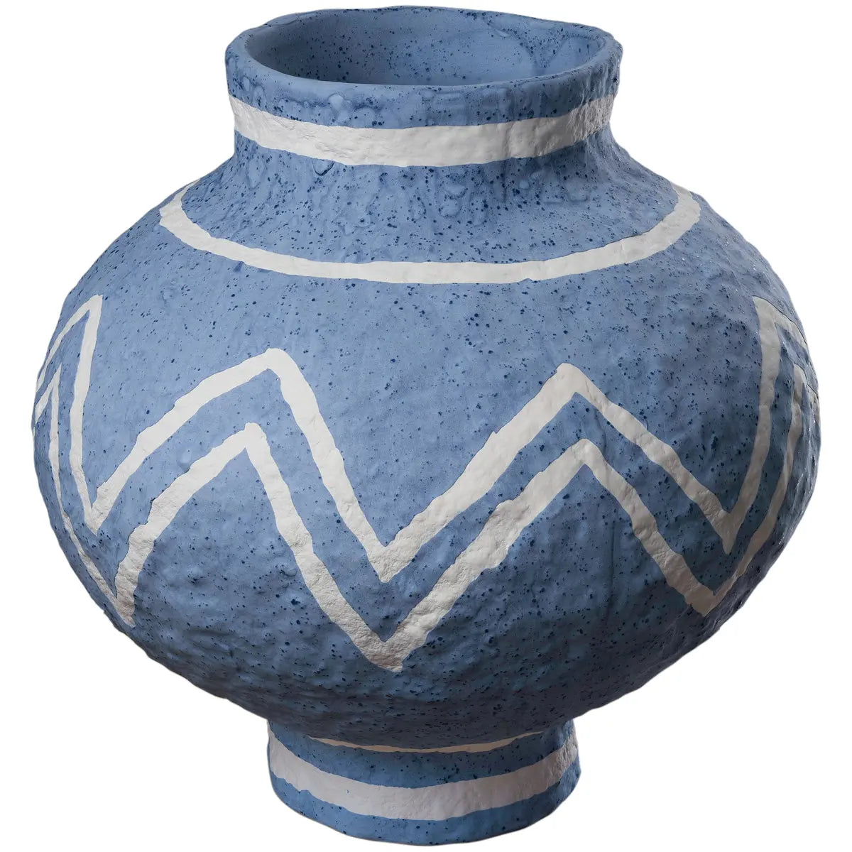 Blue ceramic vase with white zigzag patterns on a white background