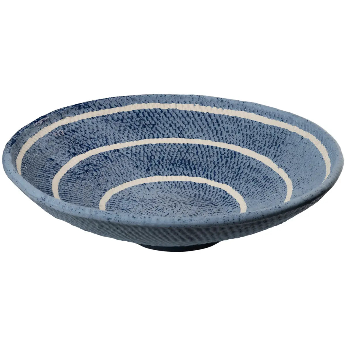 Blue textured bowl with white rim on a white background