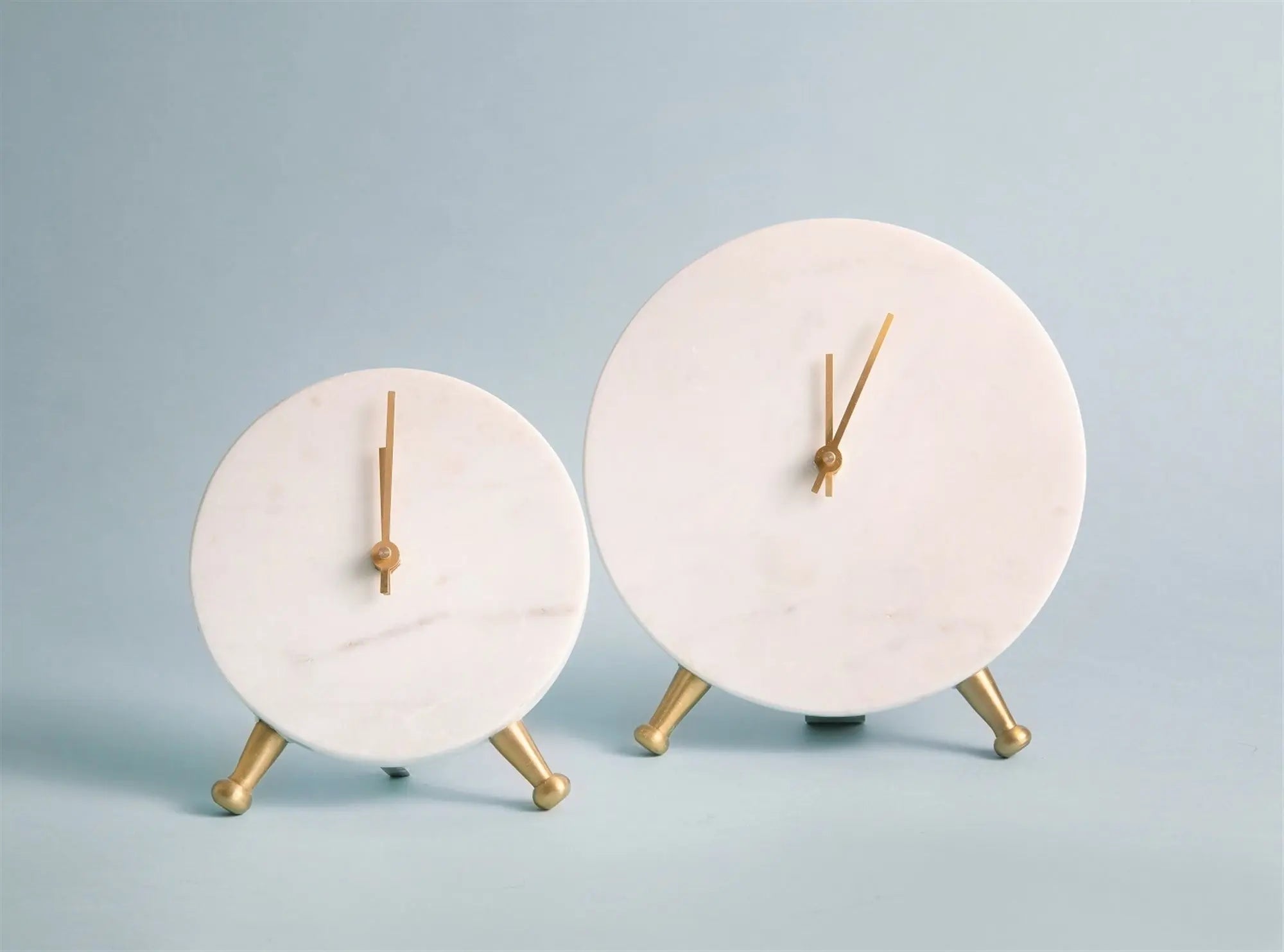 Large Marble Table Clock - 8" Round White Marble & Antique Brass - Villa Decor & Design