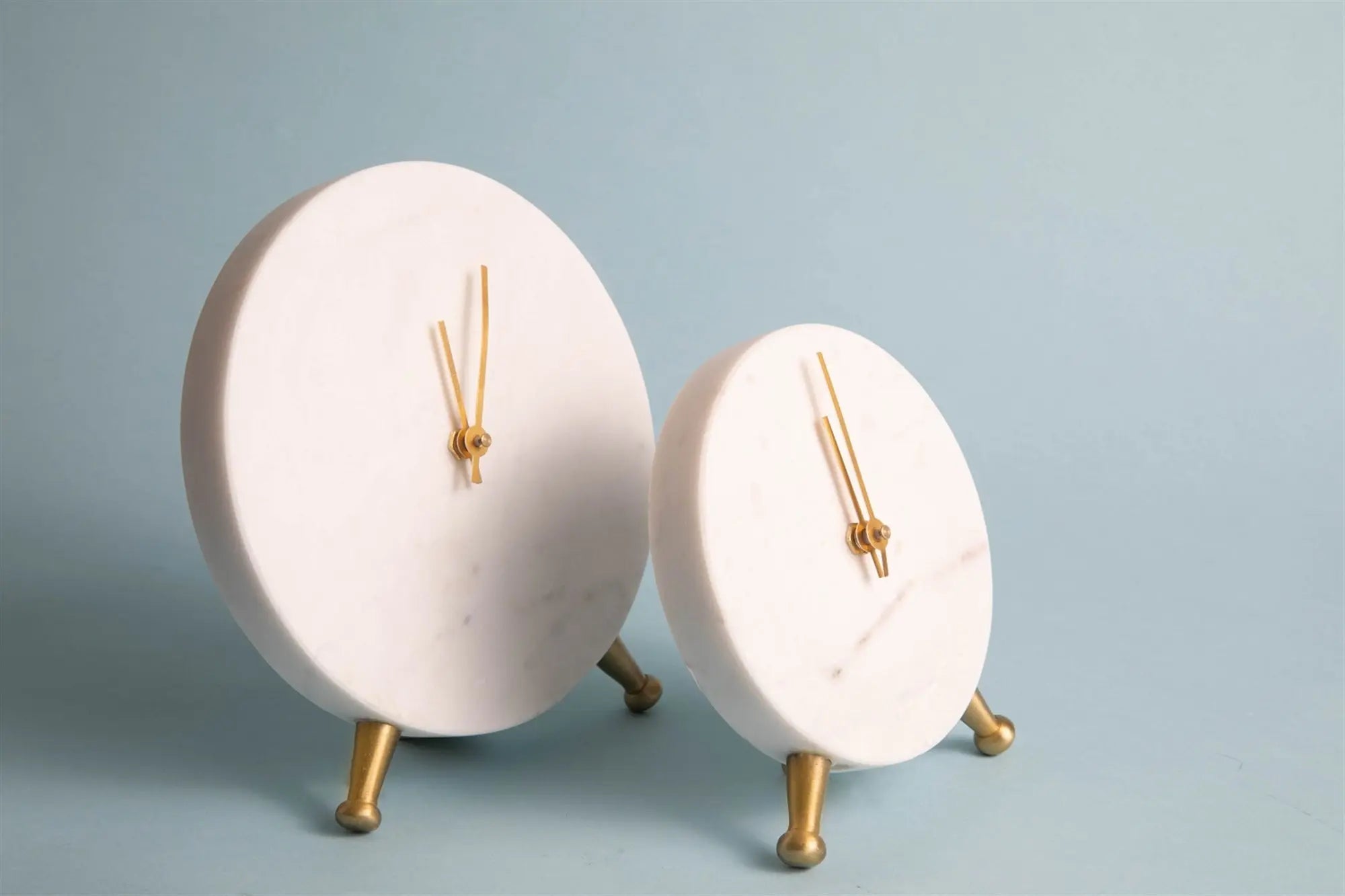 Large Marble Table Clock - 8" Round White Marble & Antique Brass - Villa Decor & Design
