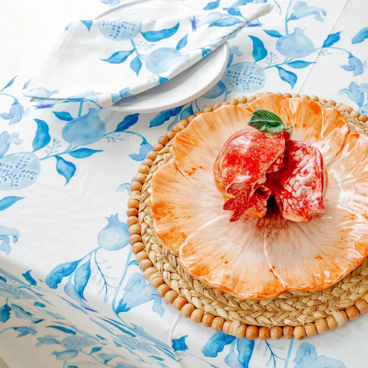 Blue & White Pomegranate Napkins – Set of 8 | Hand Block Printed Cotton - Villa Decor & Design