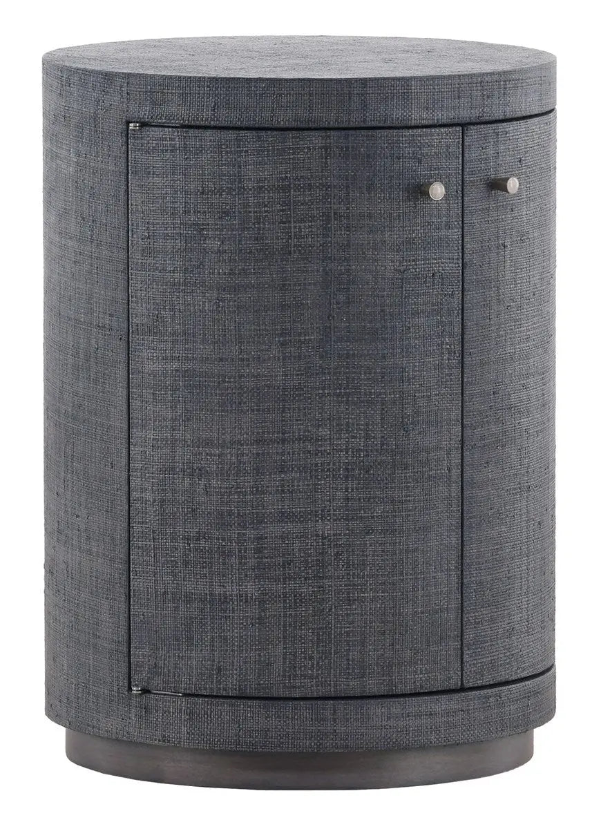 A round Navy Raffia wrapped end table with two curved doors, a Grey Agate stone knob, and a dark wood base, standing 25 inches tall.