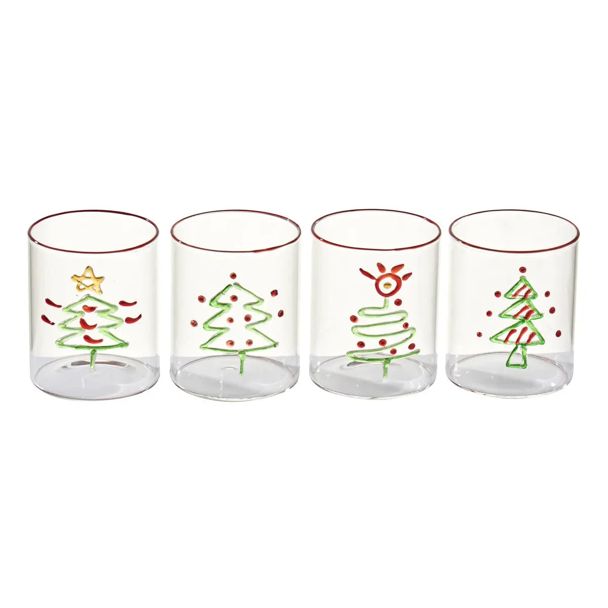 Christmas Tree Tumbler Set of 4 - festive glass tumblers with assorted Christmas tree designs for holiday entertaining and cocktails. Festive Christmas decor and barware.