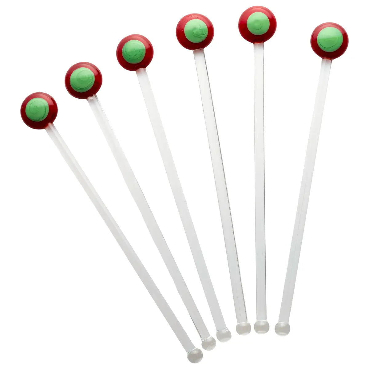 Set of six white stir sticks with red and green ends on a white background