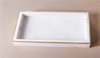 Rectangular White Marble Tank Tray featuring natural gray veining, a polished finish, and a thick polished brass metal rim around the edges.
