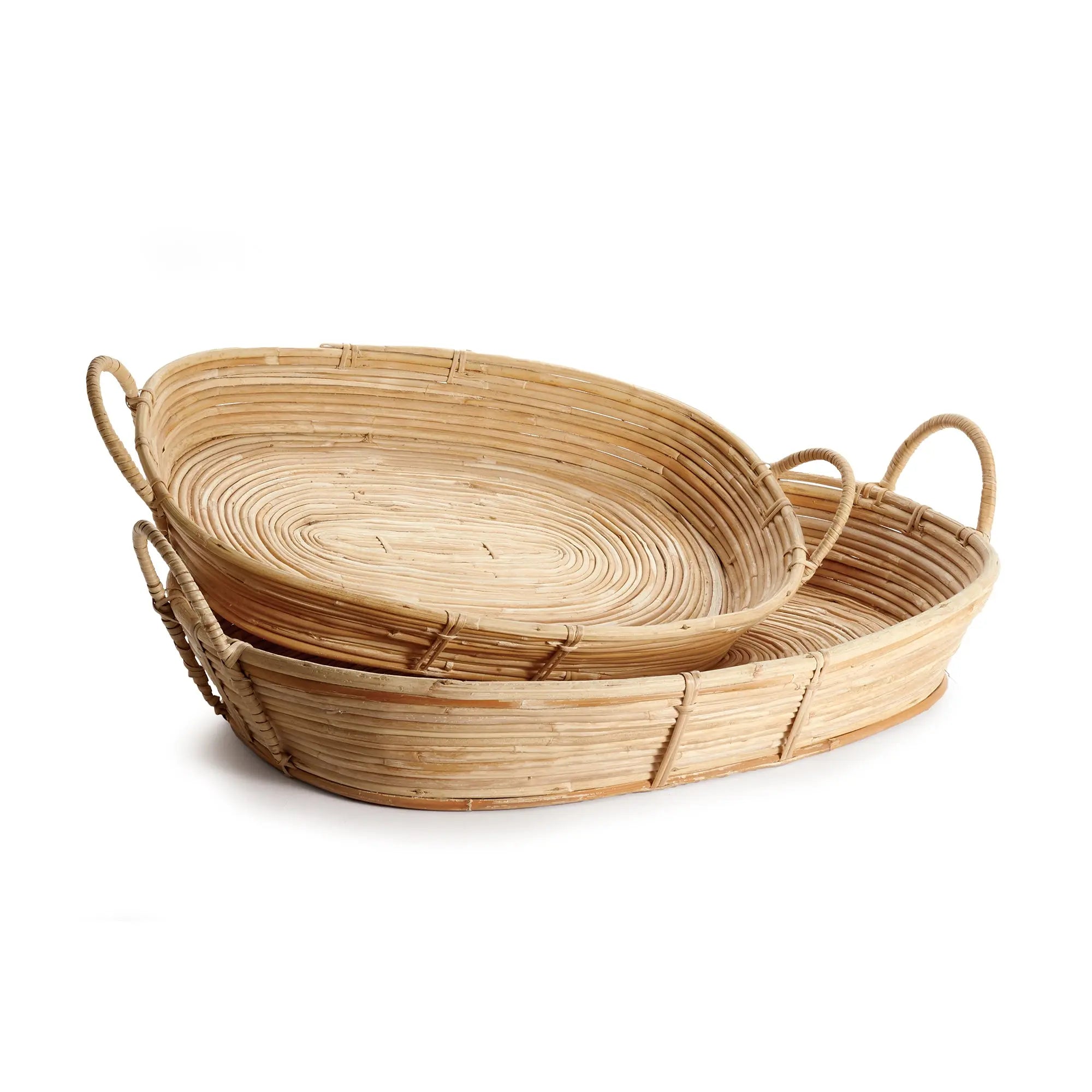 Two woven baskets with handles on a white background