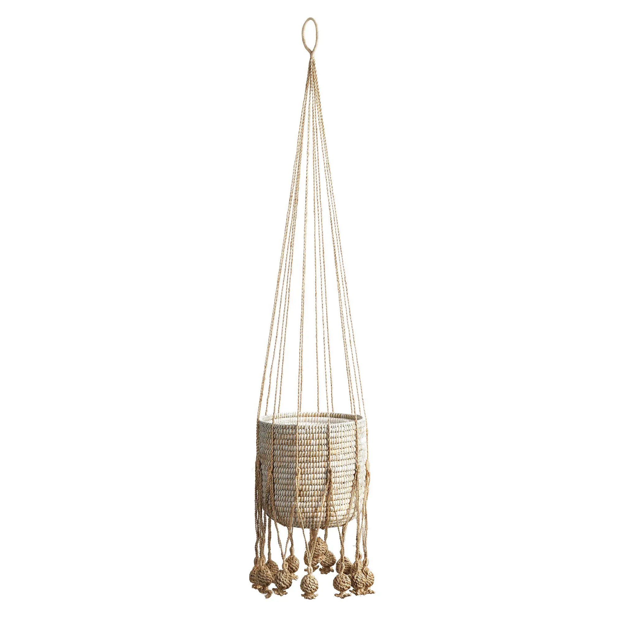 Handmade rope hammock with decorative elements on a white background