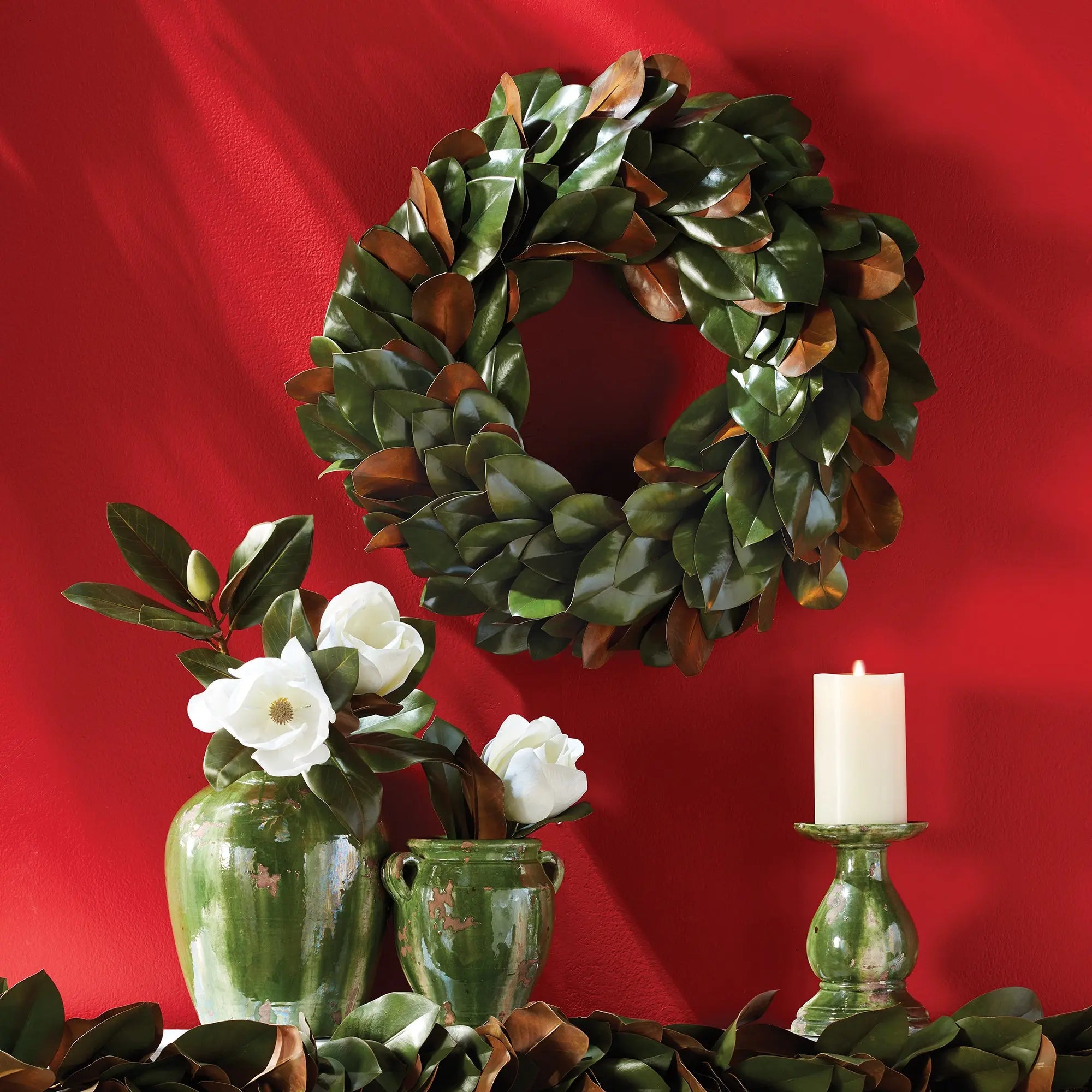 GRAND MAGNOLIA LEAF WREATH 24" Villa Decor & Design