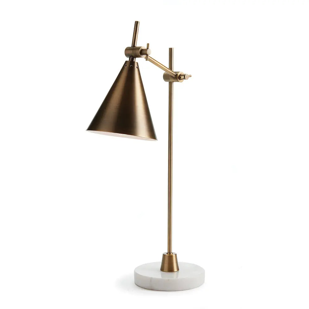 Arnoldi desk lamp with dual brass arms and a round white marble base