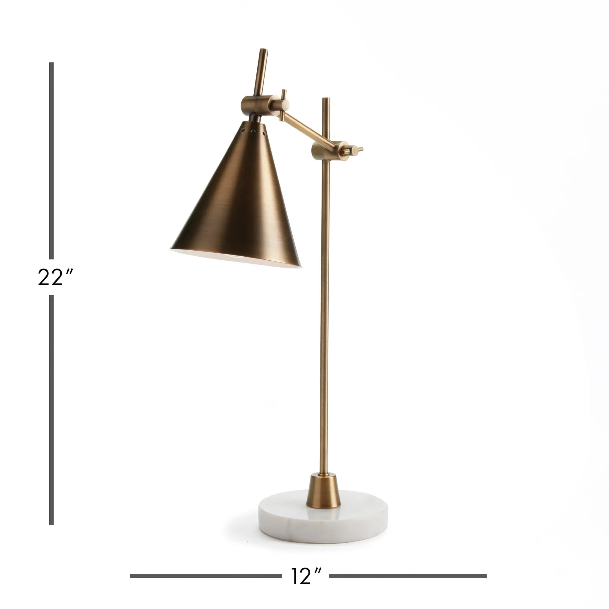 Arnoldi desk lamp with dual brass arms and a round white marble base