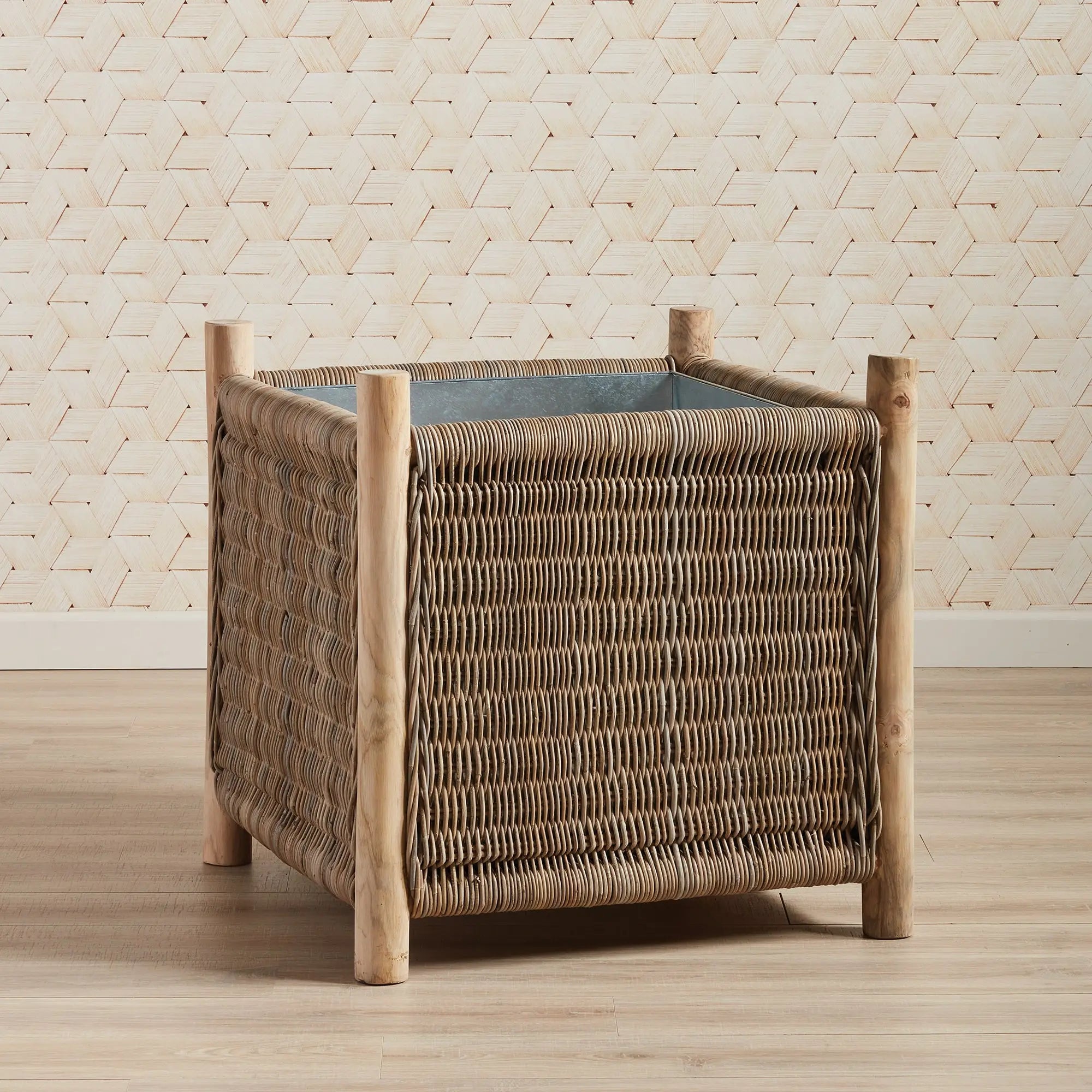 Landon Planter - Small, Medium or Grand Natural Rattan Planter | Teak Legs with Zinc Liner - Villa Decor & Design