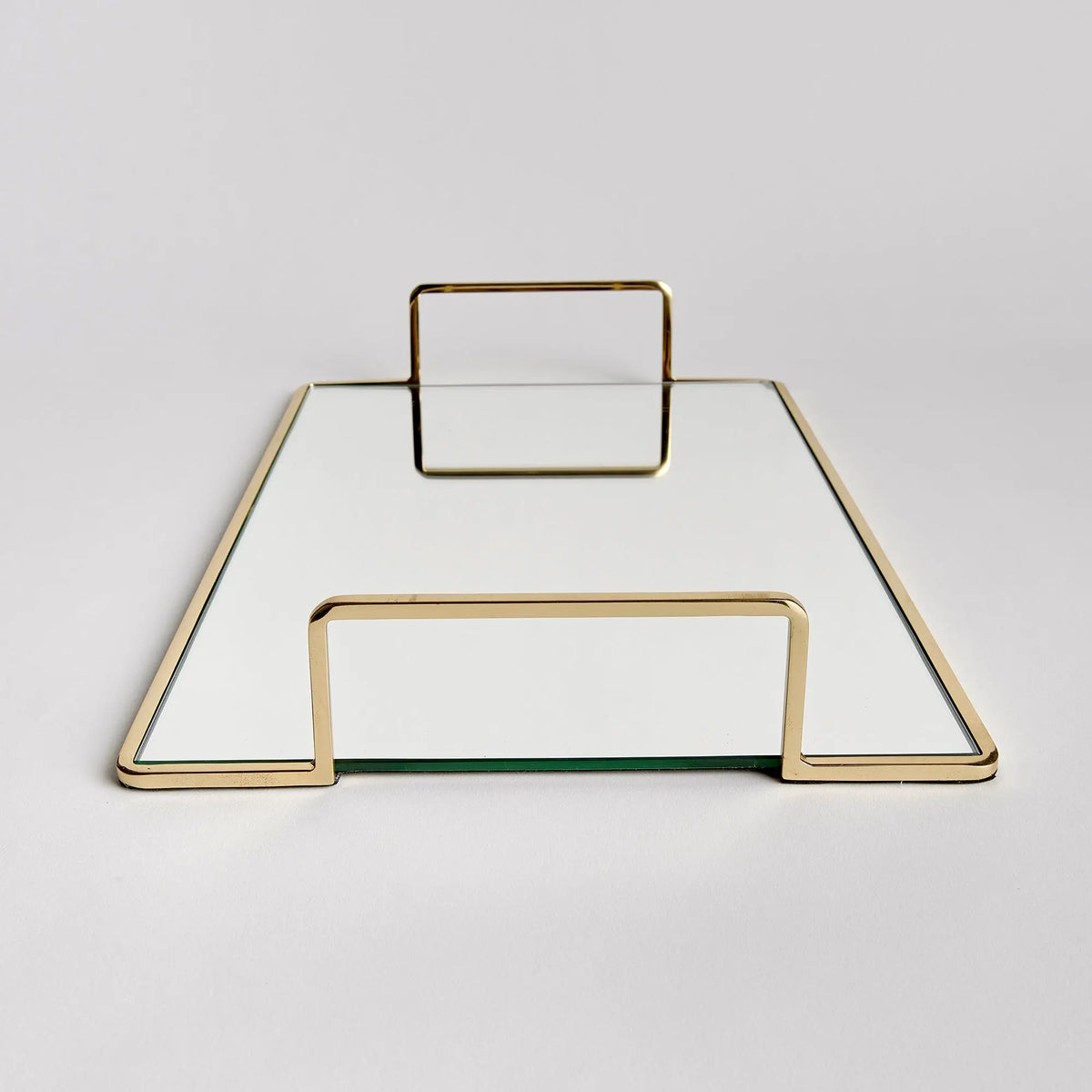 Covina small gold-tone mirrored tray, trapezoid handle detail
