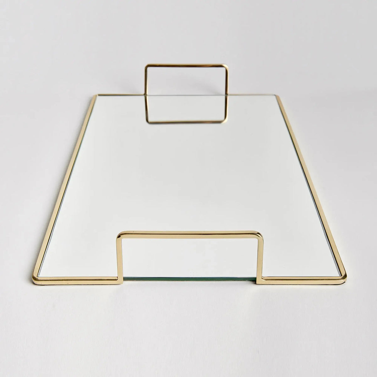Covina large nickel-tone mirrored tray, trapezoid handle detail