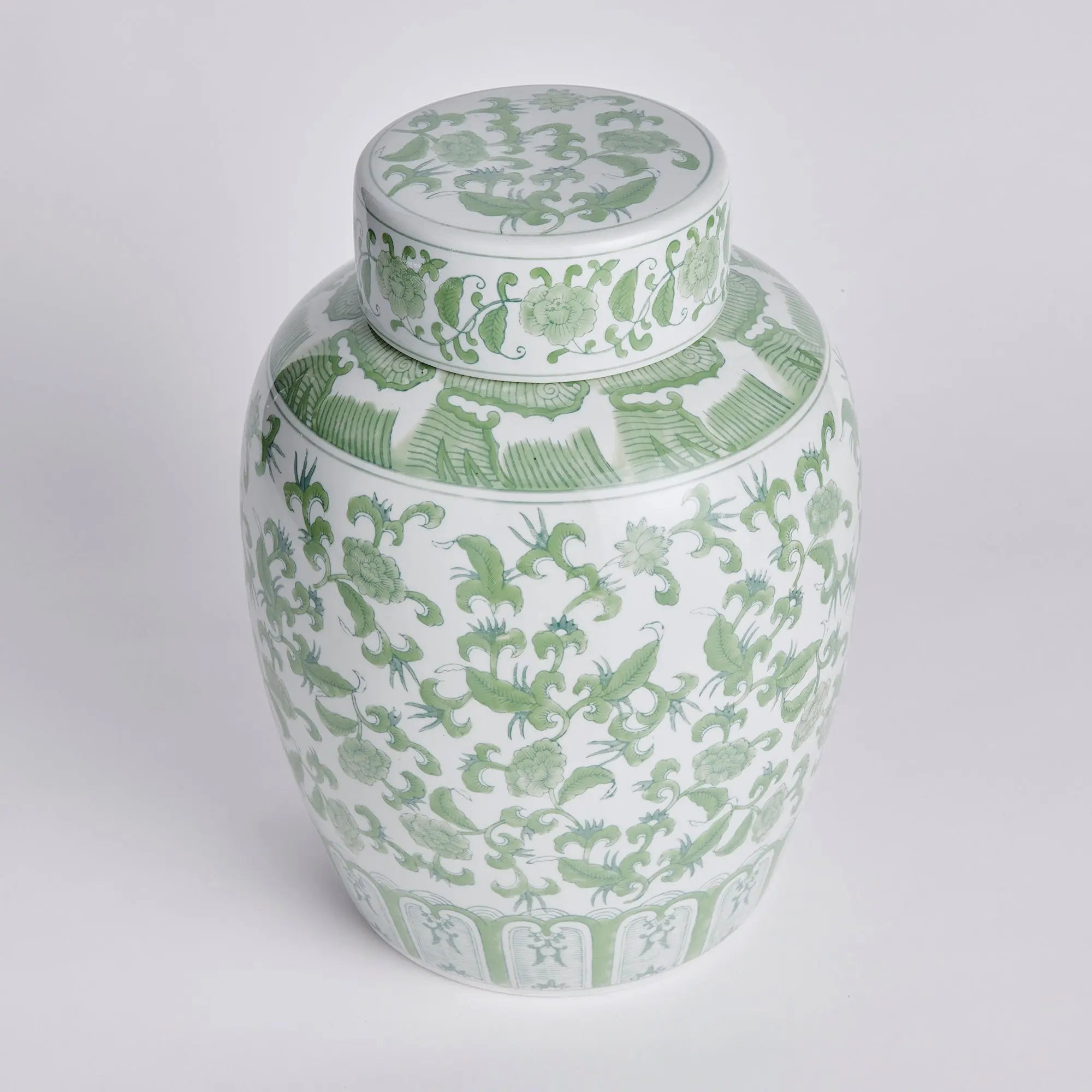 Imperial Blossom Lidded Jar - handcrafted green and white chinoiserie ceramic jar with traditional Asian-inspired patterns for home décor