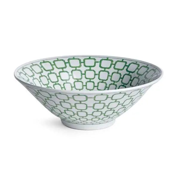 Imperial Link Decorative Bowl - 16" Green & White Chinoiserie Ceramic Bowl - Villa Decor & Design