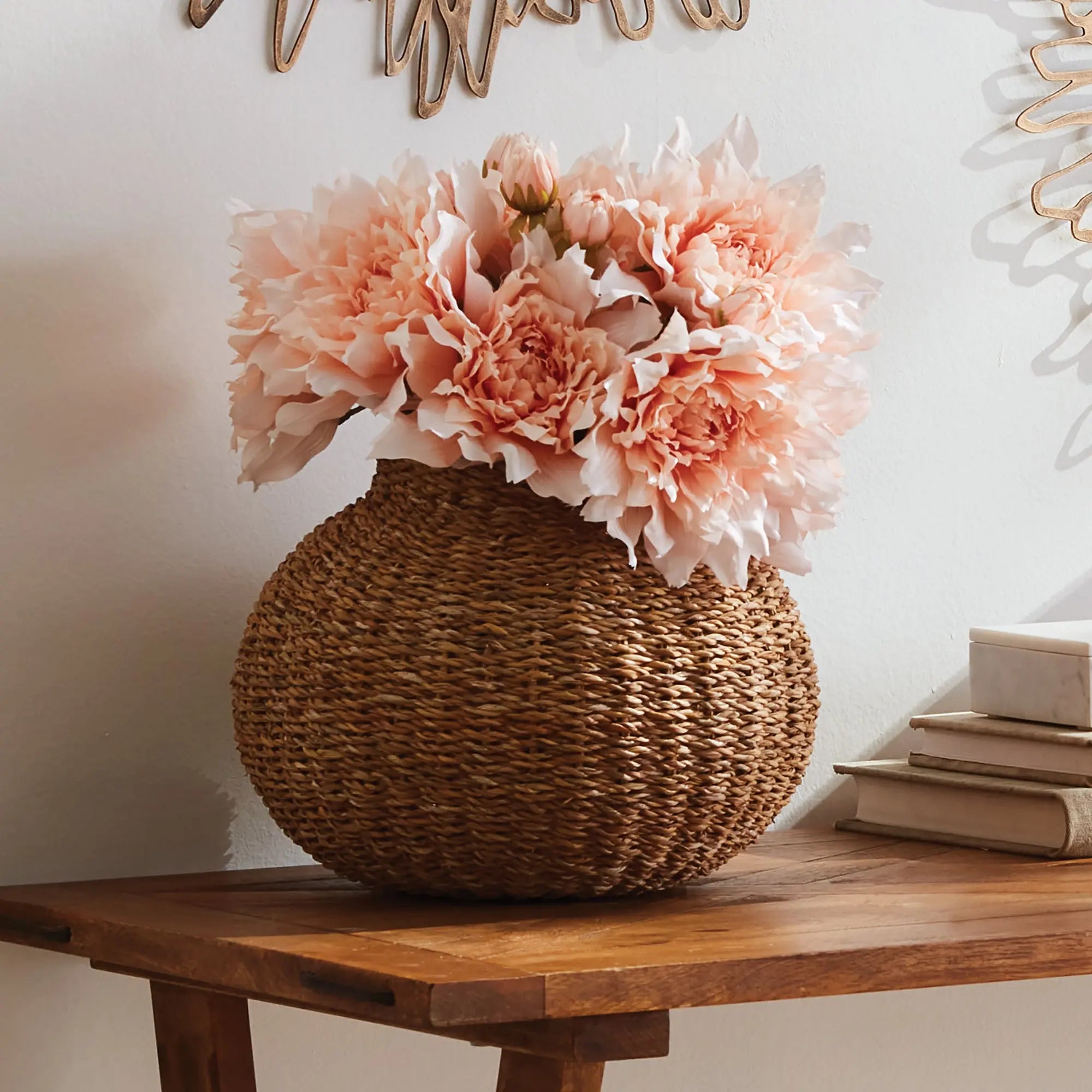 Handwoven natural seagrass vase for faux stems