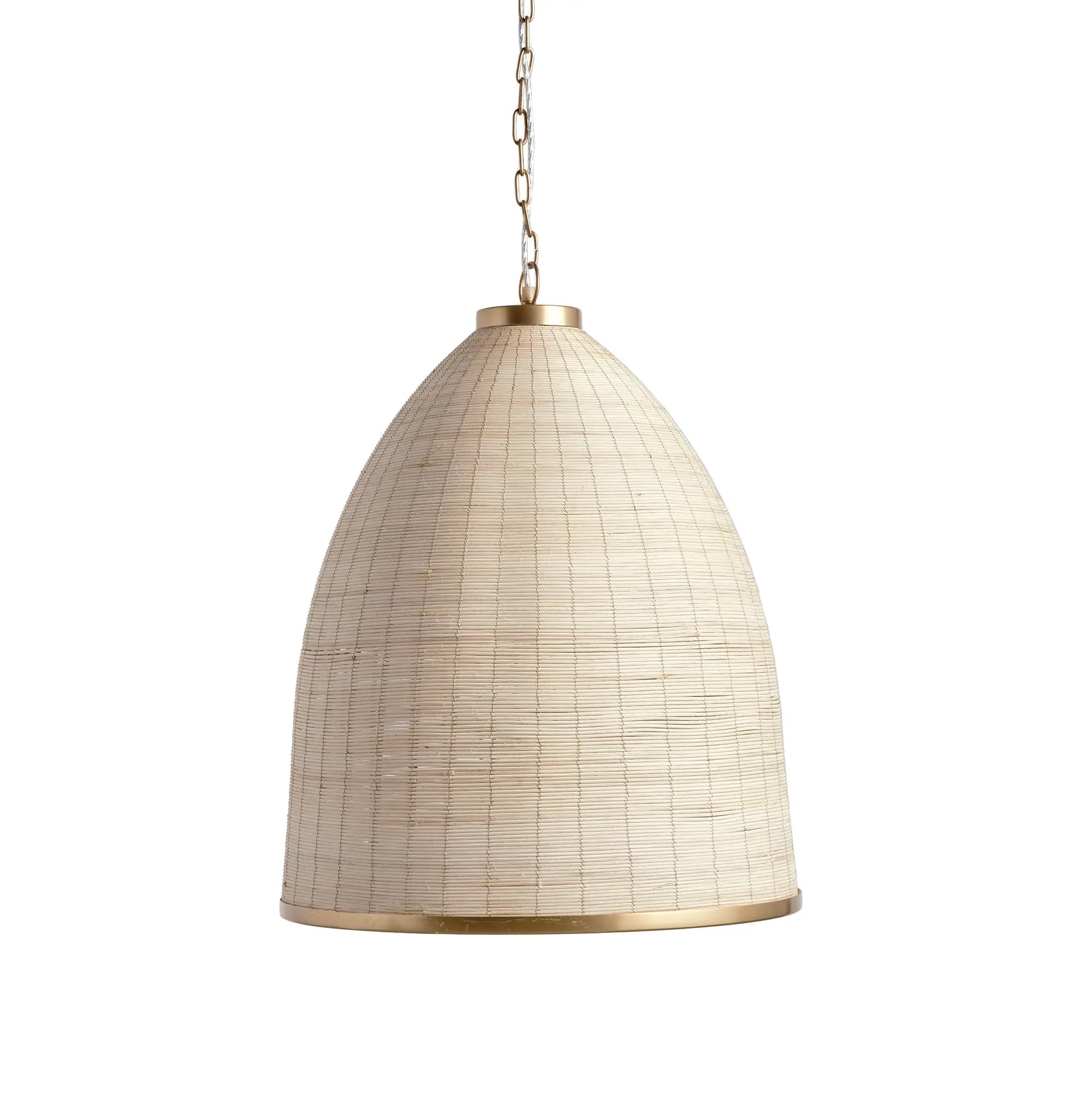 Maye Bell Pendant made of whitewashed rattan with brass accents