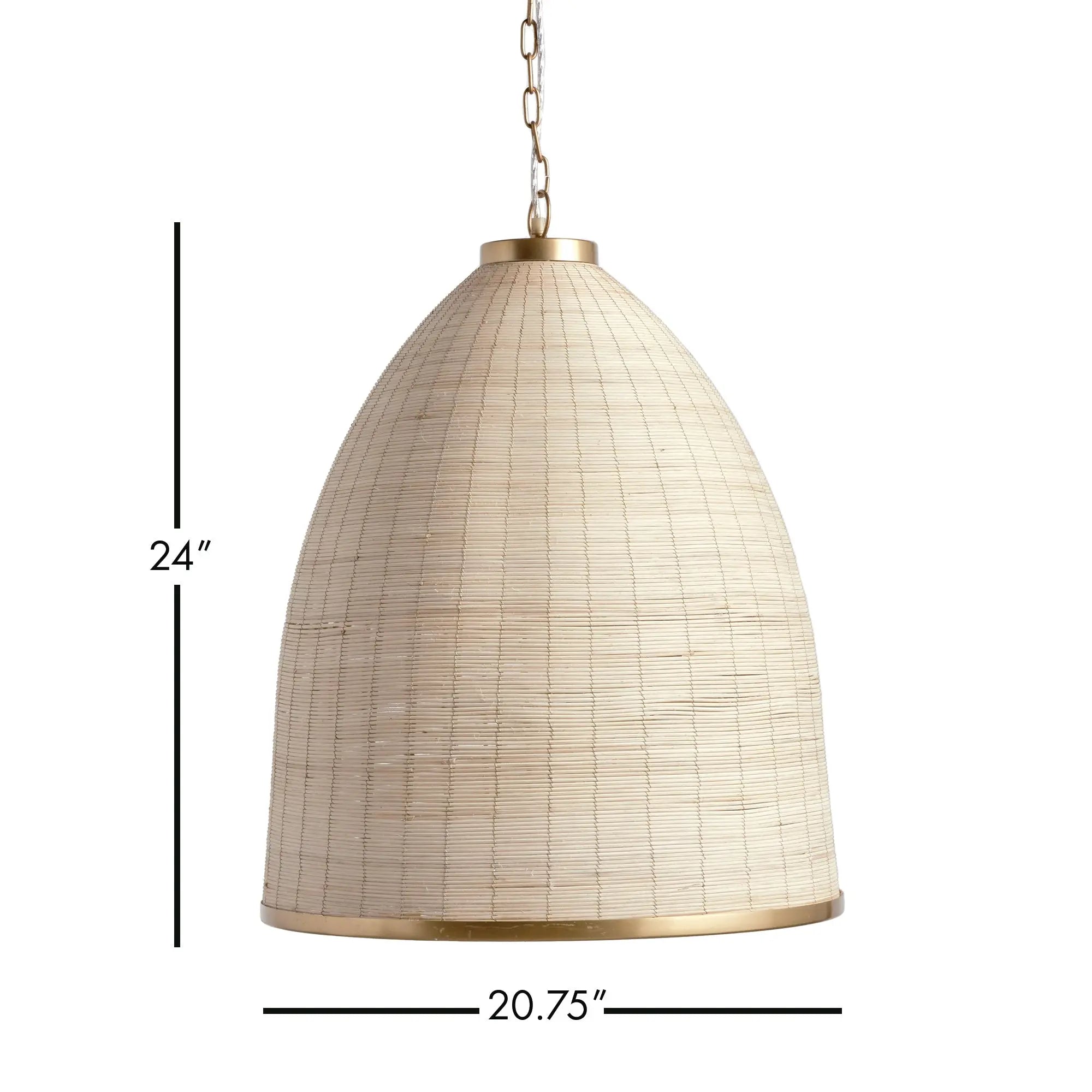Maye Bell Pendant made of whitewashed rattan with brass accents